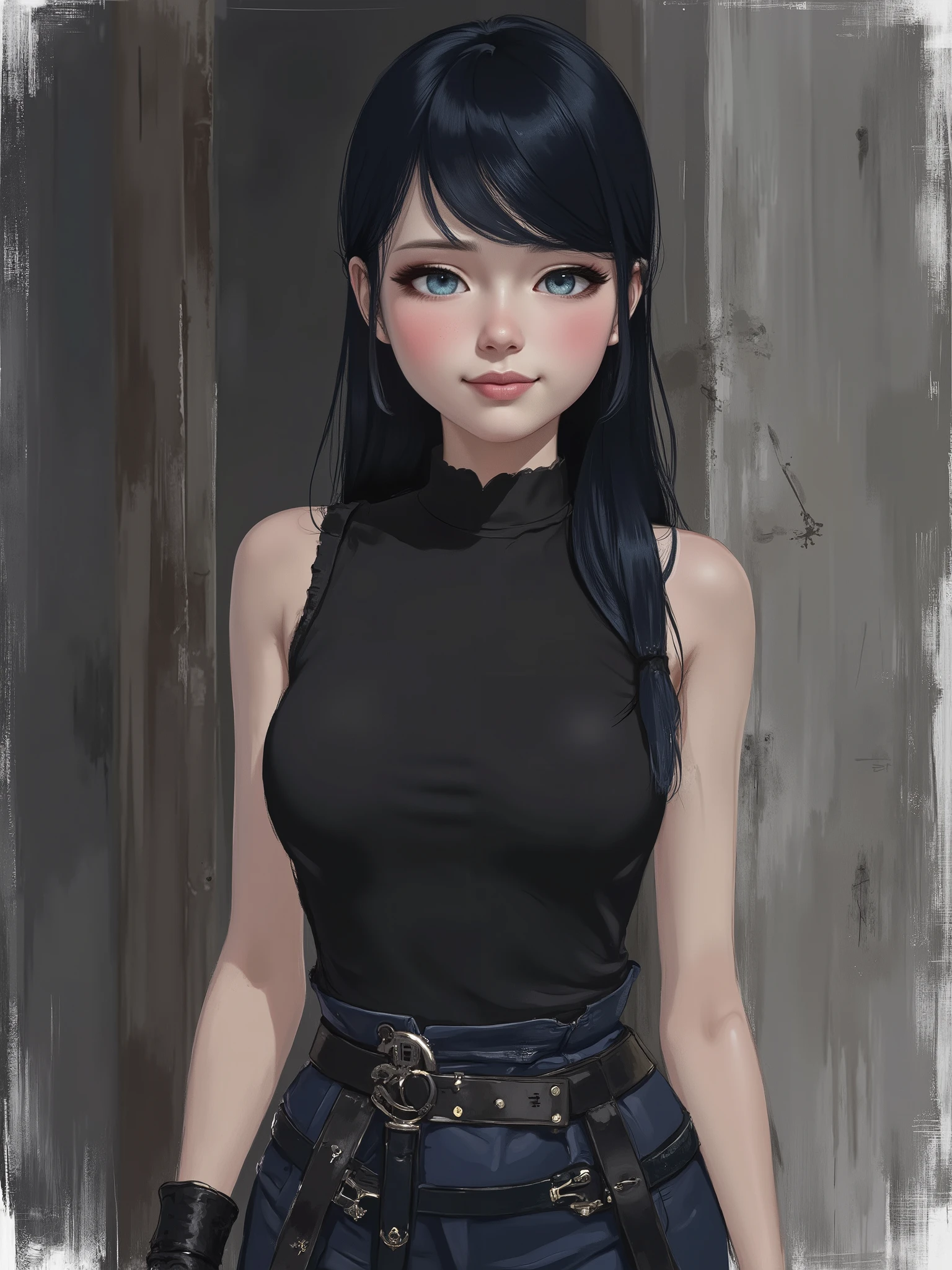 sketch painting, marinette Dopanchan, A very beautiful and cute 22 year old woman with a slight smile. (((Shy smile))), sharp focus on the face, (((Western eyes:1.5))), (((Extremely detailed ice-blue eyes, beautiful eyes, beautifully detailed eyes))), (((delicately detailed thin pink lips))), (((long hair, shiny hair))), (((black medieval steampunk style sleeveless t-shirt))), (((Dark Blue medieval steampunk style leather warrior pants))), (((full body view, dynamic pose, standing:1.5, graceful pose))), (((The background is Dark Gray and painted with expressive, visible textures using dynamic brushstrokes and strokes that add depth and movement. The paint covers only the area just behind the subject. The outer edges of the image with black margins, as if the background had been painted with a brush and with expressive and visible textures using dynamic brushstrokes and strokes fading toward the edges creating a modern and artistic vignette effect))). Cinematic lighting, soft depth of field, (((masterpiece/high resolution/Best Quality/top quality/high quality/UHD/16k quality))), sharp focus, no blur, film grain, bokeh.
