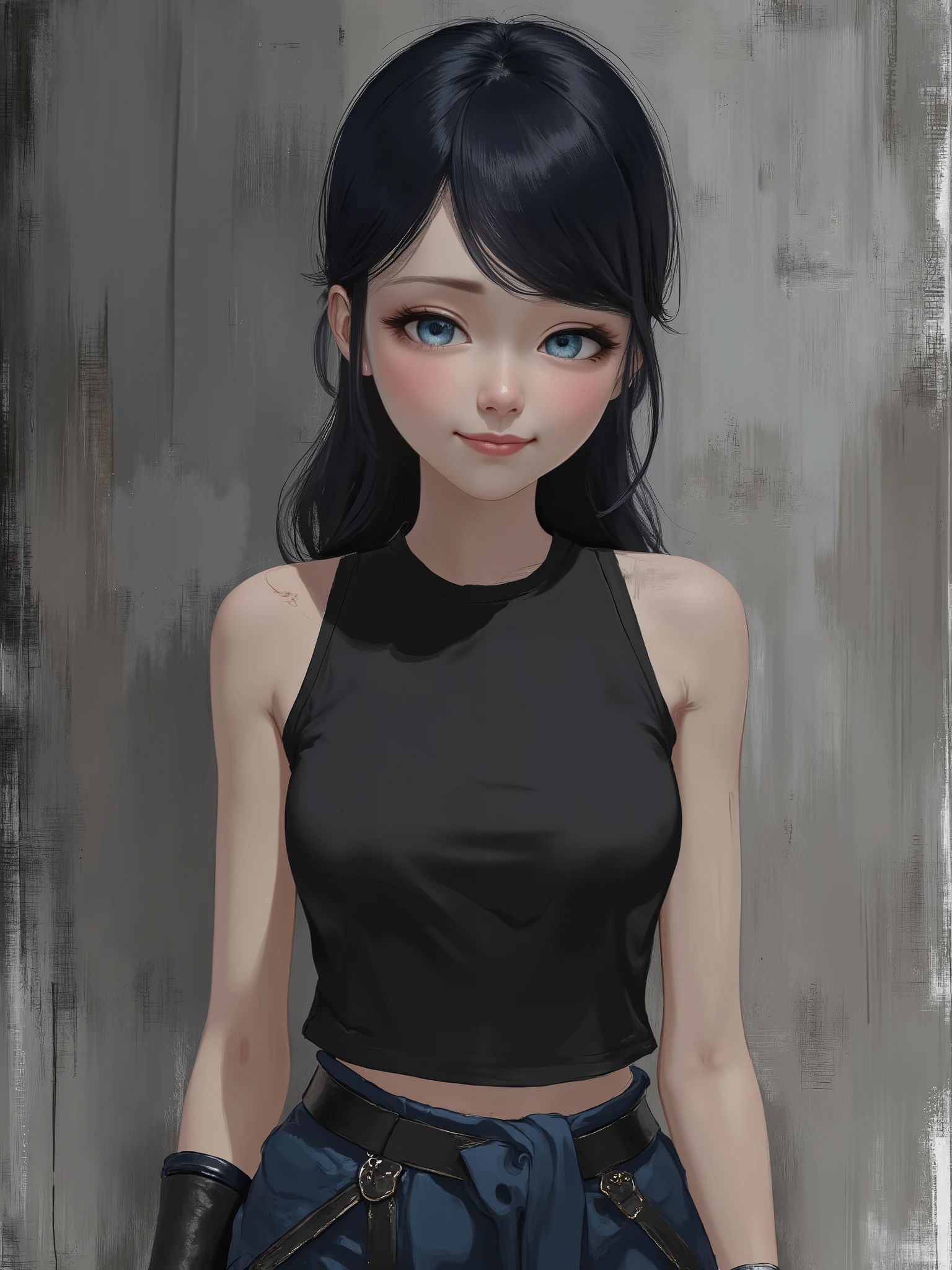 sketch painting, marinette Dopanchan, A very beautiful and cute 22 year old woman with a slight smile. (((Shy smile))), sharp focus on the face, (((Western eyes:1.5))), (((Extremely detailed ice-blue eyes, beautiful eyes, beautifully detailed eyes))), (((delicately detailed thin pink lips))), (((long hair, shiny hair))), (((black medieval steampunk style sleeveless t-shirt))), (((Dark Blue medieval steampunk style leather warrior pants))), (((full body view, dynamic pose, standing:1.5, graceful pose))), (((The background is Dark Gray and painted with expressive, visible textures using dynamic brushstrokes and strokes that add depth and movement. The paint covers only the area just behind the subject. The outer edges of the image with black margins, as if the background had been painted with a brush and with expressive and visible textures using dynamic brushstrokes and strokes fading toward the edges creating a modern and artistic vignette effect))). Cinematic lighting, soft depth of field, (((masterpiece/high resolution/Best Quality/top quality/high quality/UHD/16k quality))), sharp focus, no blur, film grain, bokeh.