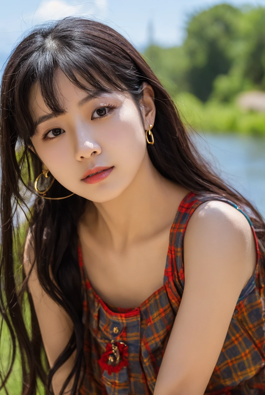 asian、women、female、young adult、medium short hair、dreadlocks、orange hair、glossy、smile、odd eye、tall、many girls、eyeshadow、polka dots、earrings、lake、midnight