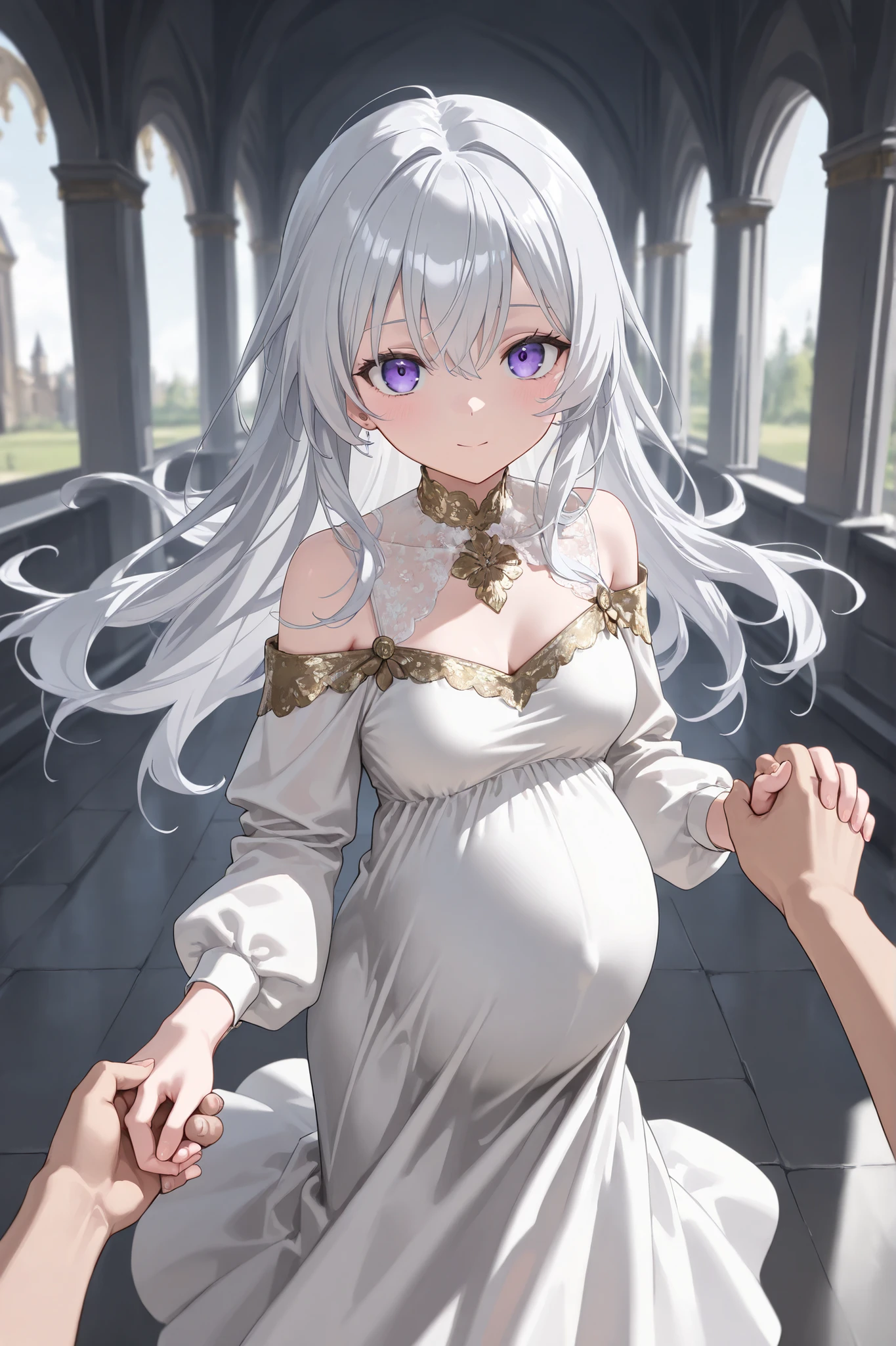 (Best quality, 4k, 8k, high resolution, masterpiece:1.2), ultra detailed, intricate details, beautiful girl, alone, long silver-gray, bangs, violet eyes, small-medium breasts, perfect smooth skin, looking at viewer, head tilted, white button-up shirt, ((Pregnant:1.1)), At palace on luxury party, Luxury Dress, white gold lining dress, 1 man, both holding hands, holding hands with viewer, dance with viewer, (shoulderless dress:1.2), medieval dress, loose dress