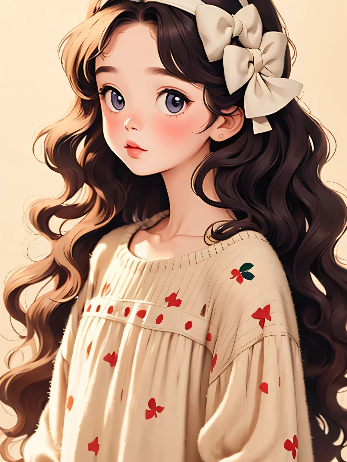 (masterpiece, Highest Quality:1.2), little girl,Alone,I applied it to my wavy hair,light and fluffy long hair,bow headband,camisole similar to Lanka,details, very soft light ,Clean Backgrounds,
