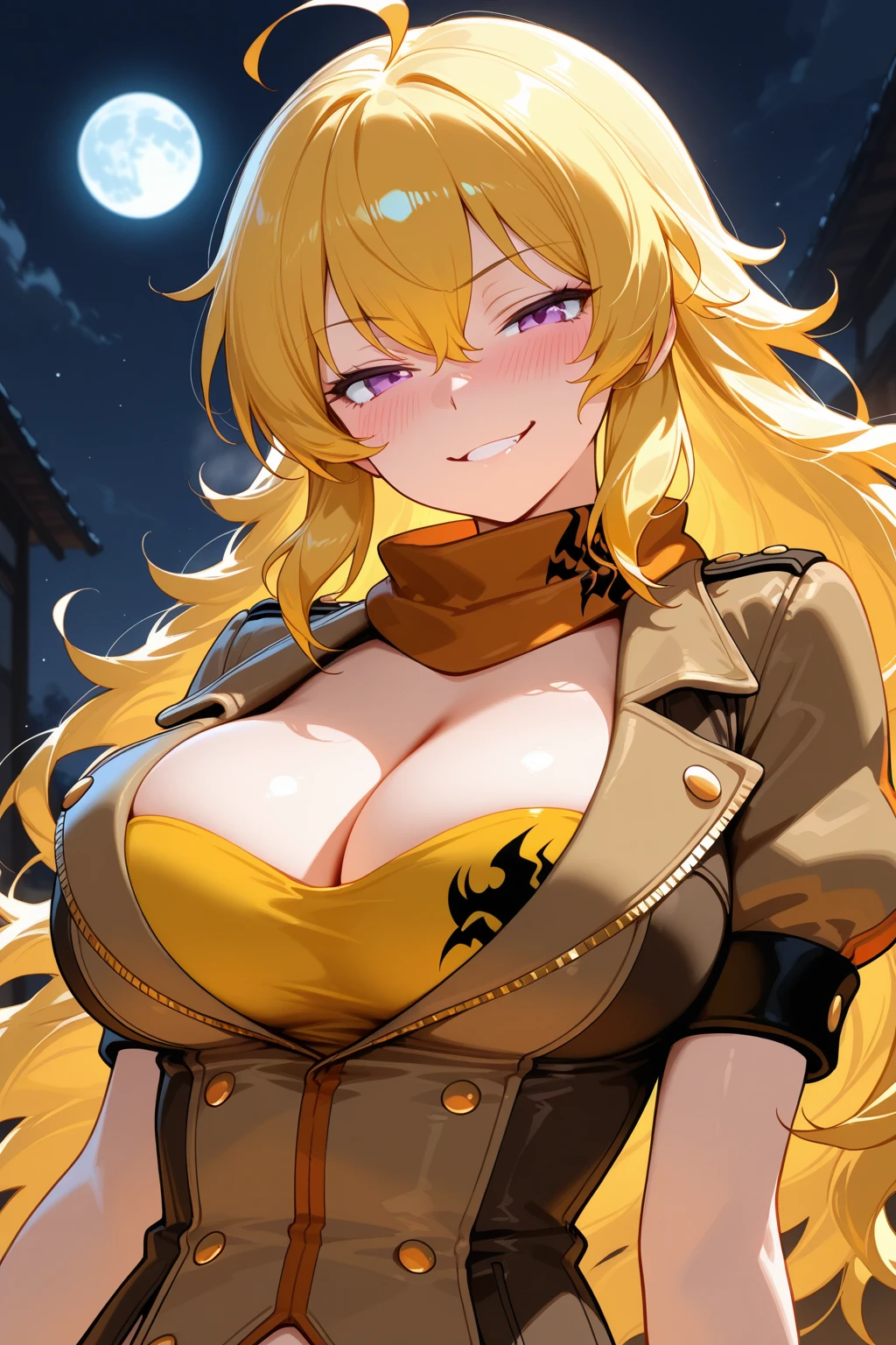 Masterpiece: 1.3, 1 girl ((25 years old, dressed in a tight dark dress and yellow details, , long bright yellow hair, beautiful face, perfect model body, large dragon horns, bright red eyes: 1.4, happy , crazy and  face looking at a girl: 1.2, yellow lightning in the background at night: 1.1, beautiful and energetic atmosphere: 1.2))