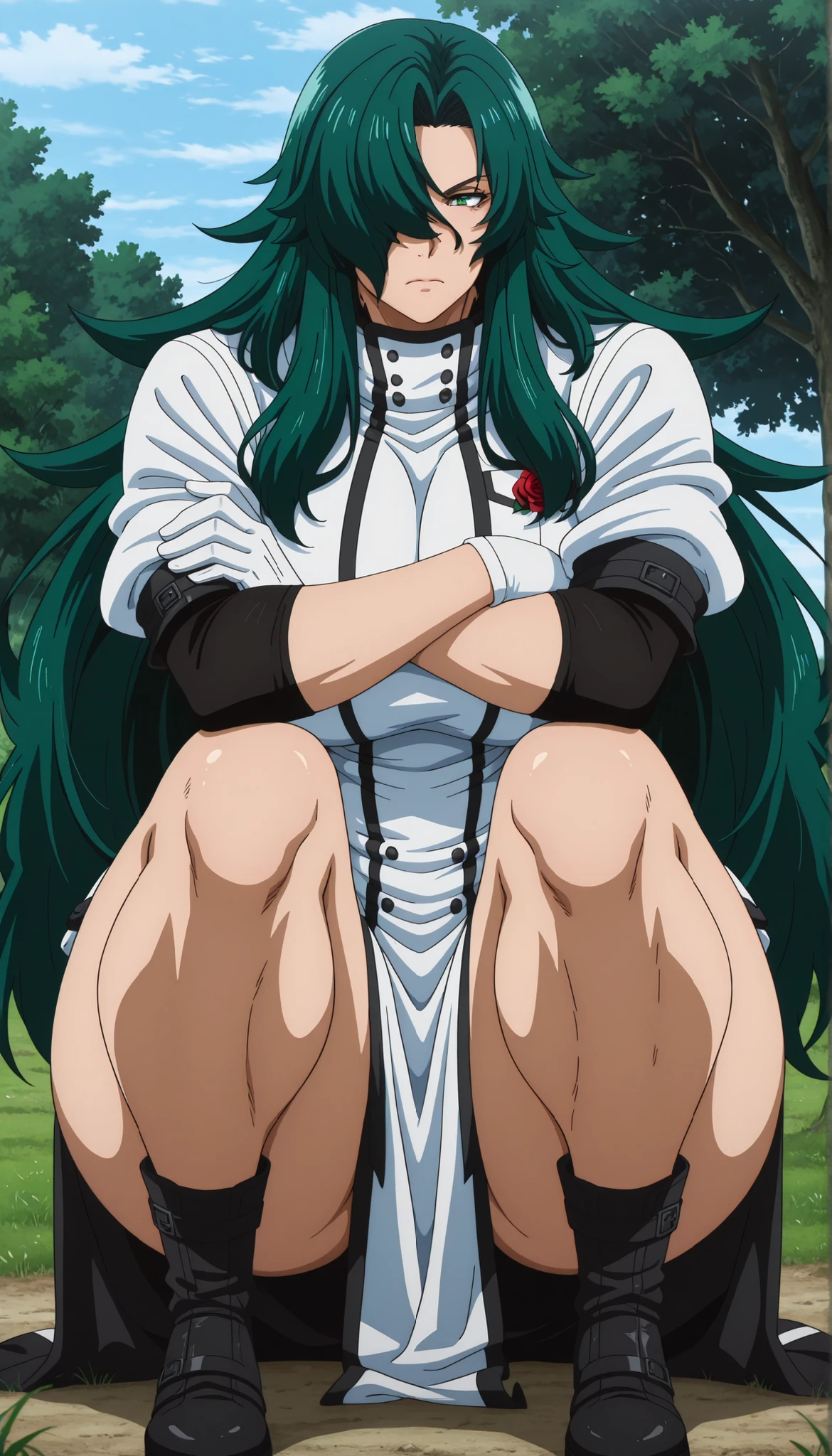 detailed background, official style,anime coloring, (anime screencap) masterpiece, detailed face,1woman, mature, solo, Rose, long hair, crossed arms, solo, gloves, green hair, hair over one eye, green eyes, white gloves, outdoors, grass, day, very long hair, sky, tree, closed mouth, huge breasts, thick muscular thighs, wide curvy hips, voluptuous body, Curvy body, thicc woman, in squats position, legs spreading wide