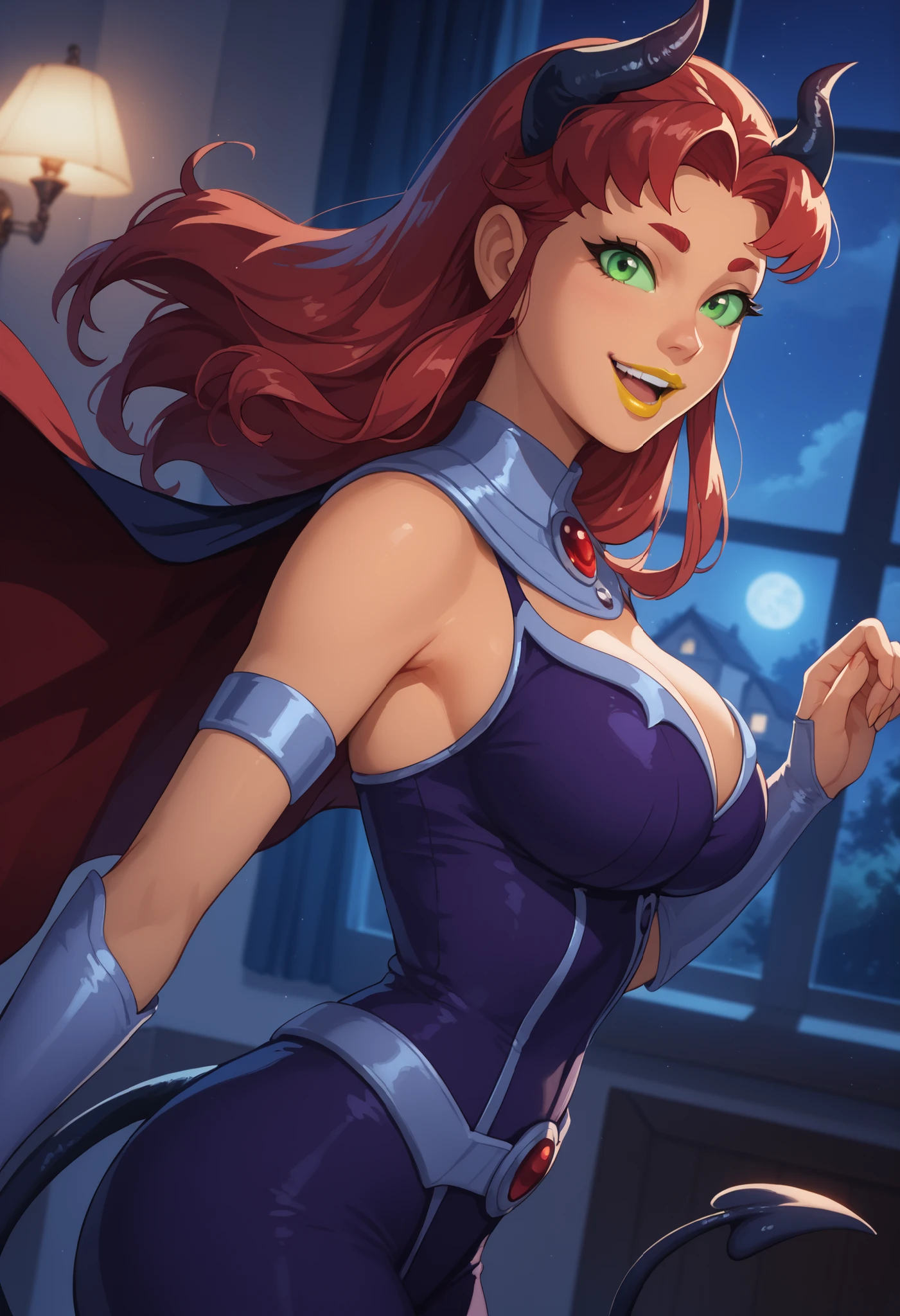 woman, big breasts, anime style, yellow lipstick, orange skin, red hair, looking at the viewer, inside a house, focus on the character, cheerful look, happy, night, incredible lighting, dark environment, side view, open arms, green eyes, red demon horns, black outfit, sensual smile, thin waist, night, red cape, demon tail, red blouse, costume demônio, Starfire, costume Monster girl, yellow lipstick