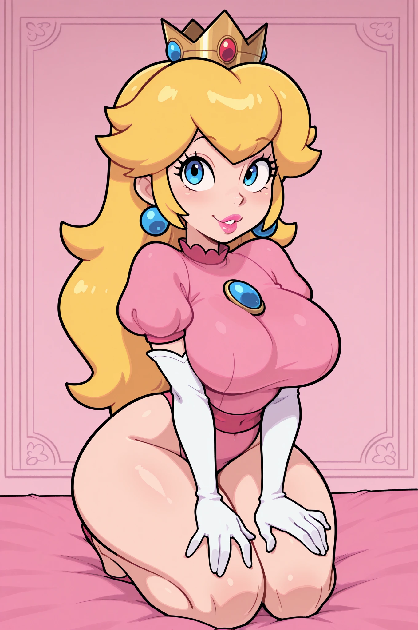 Character Stickers,STICKER, (solid outline:1.3), (????:1.2), A detailed illustration of a vivid ???? Princess Peach from Mario sitting down with pink ?????????, blonde hair, ???? princess peach solo, tall skinny legs, Dress open, ???? ???????, ???????????, pink ?????????, Short golden hair, blue eyes, Full body, 25 years old, long smooth legs, full body portrait, Pink Dress, white gloves, white canvas shoes, legs crossed, Wear a small crown., kneeling, Smiling face, Rendered in 6 K resolution., Shadows with softness, Black background for creating websites, 2:3