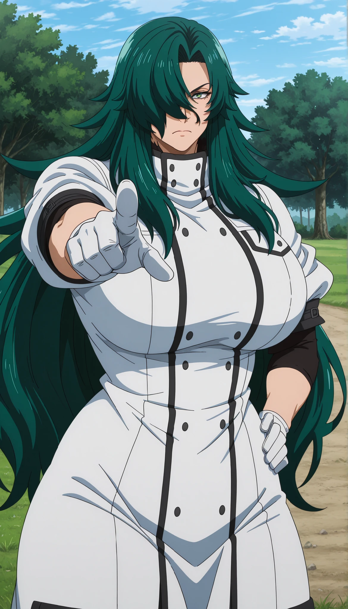 detailed background, official style,anime coloring, (anime screencap) masterpiece, detailed face,1woman, mature, solo, Rose, long hair, solo, pointing at viewers, gloves, green hair, hair over one eye, green eyes, white gloves, outdoors, grass, day, very long hair, sky, tree, closed mouth, huge breasts, thick muscular thighs, wide curvy hips, voluptuous body, Curvy body, thicc woman, punching position, upper body
