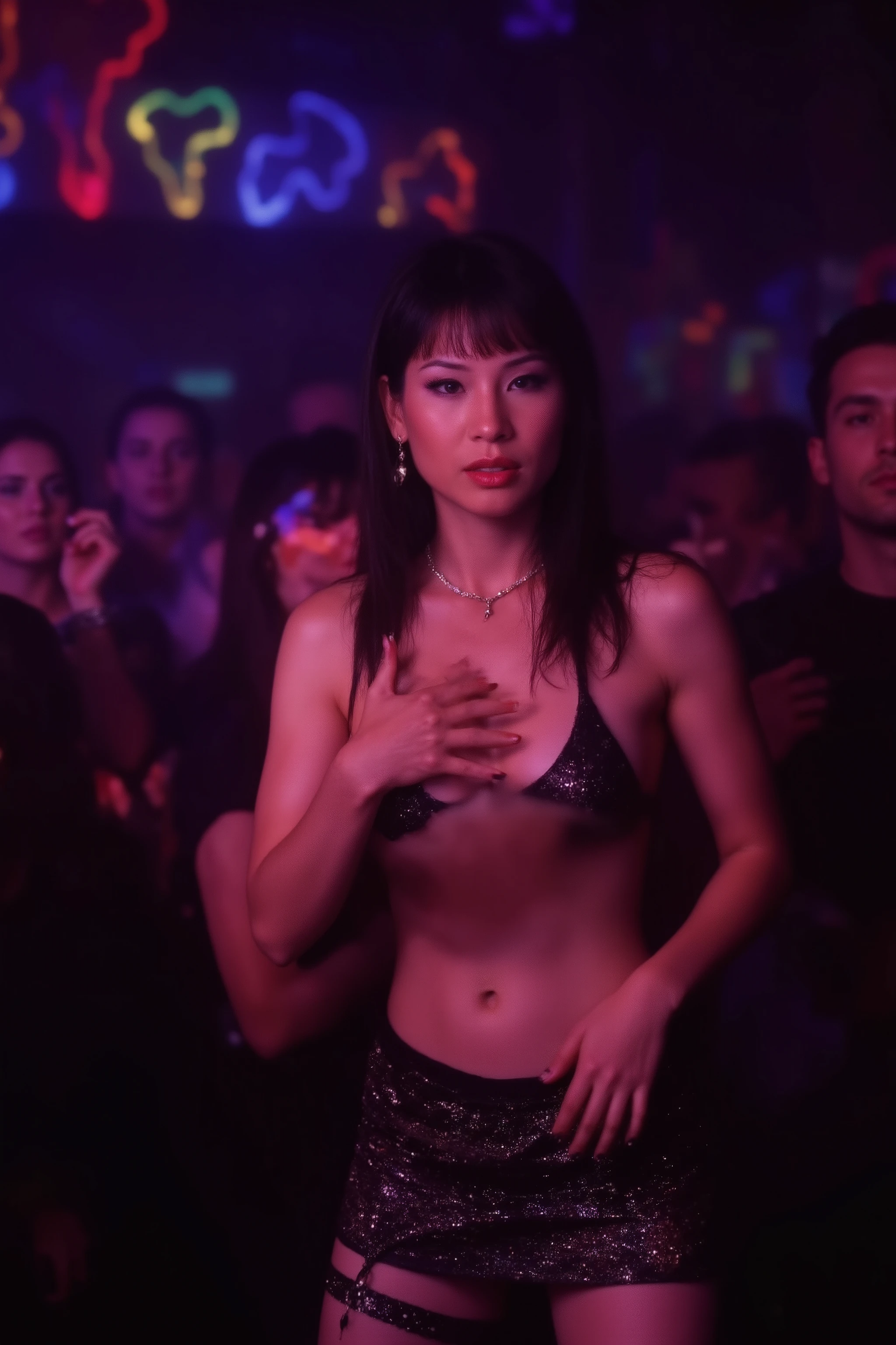 lcylxsl woman,A gorgeous woman (lucy liu, aged 25, mini skirt no panties, small crop top sparkly, jewelry, thigh high stockings, black dancing shoes, lesbian haircut, violet makeup), she is dancing  at a  under multi colored stage lights, crowd in shadows (aroused Lesbians), lively  performance,   (8k, HD, cinematic quality)