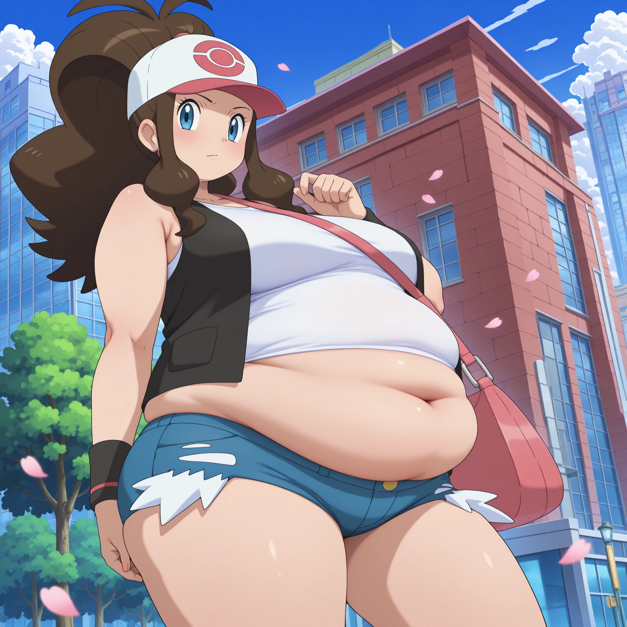 ((Melhor qualidade)), ((altamente detalhado)), rosto detalhado, rosto bonito, , (1 garota), Sozinho, dynamic pose, corpo todo, ((plano amplo)), hilda (Pokémon), rabo de cavalo, bloqueios laterais, olhos azuis, quadris largos, sorridente, boné de baseball, camisa branca, vest, sem mangas, shorts, pulseira, (ao ar livre, em uma cachoeira, alvorecer, hurricane), thunder thighs, fat thighs, , mommy , fat girl, botas de coturno, starts getting very fat, curvilinear, muito gorda, coxas enormes, barriga grande
