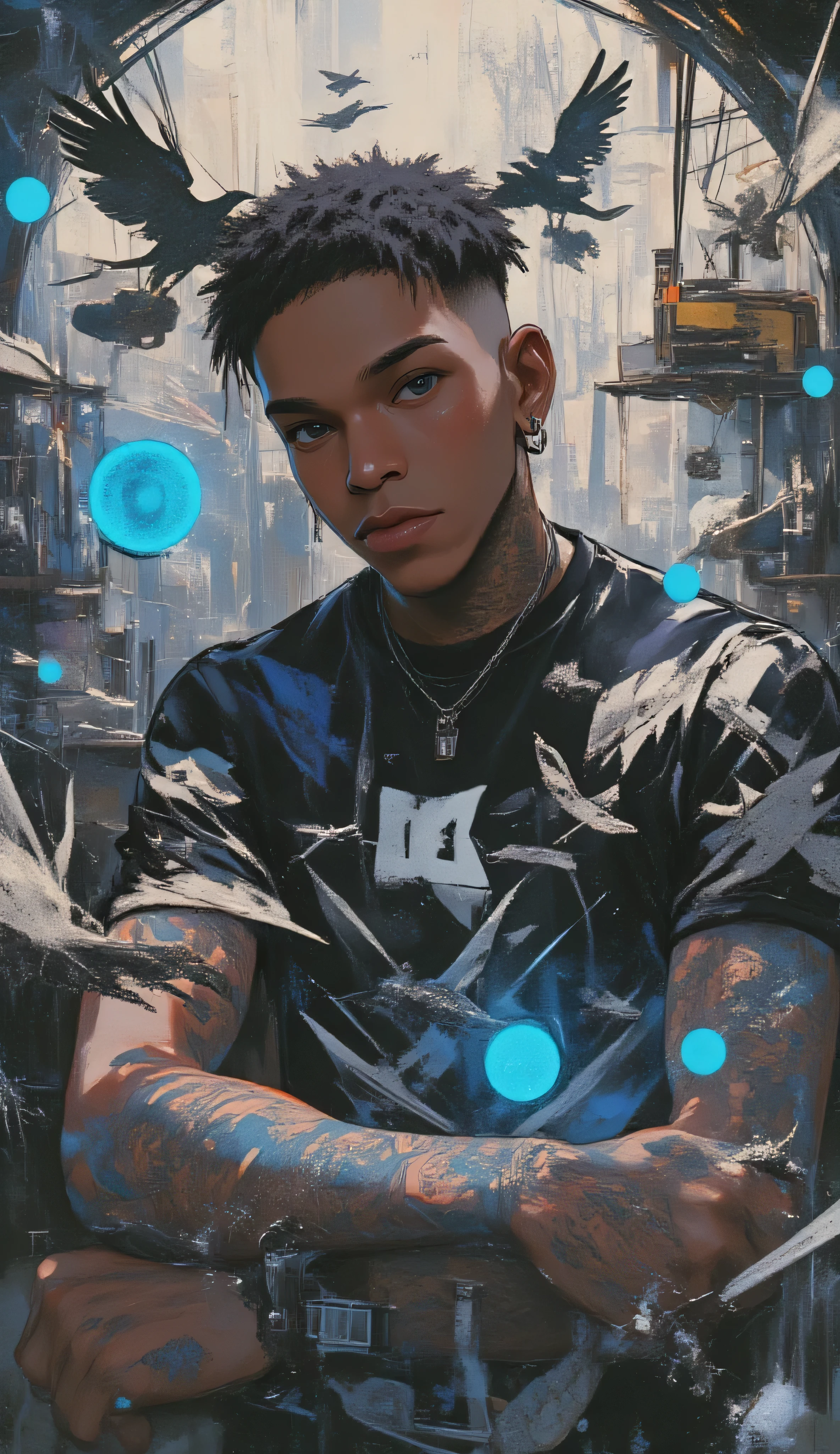 Black man in a surreal digital collage, tattoo artist theme — he holds a tattoo machine, surrounded by glowing orbs of blue and grey energy, cranes flying around him, and abstract symbols like lizards and geometric forms. His expression is deep, introspective — representing ‘The Inner World of the Autism Spectrum’. The composition feels like a new album cover, a contemporary mixed-media collage with surreal elements, high definition, detailed textures, artistic balance and powerful emotional presence. Title: ‘Look at Me’. Color palette: black, grey, and blue.   Crazy woman by Tattoo Artist ,The man said 「Which design do you live」,Black,grey,blue, surreal collage、a contemporary artistic collage、collage artwork、  New Album Cover  、 Great Job !! 、digital collage、(collage )、collage art、contemporary collage、mixed media collage、  surreal +      is high definition 、  surreal style、convertible、    Call It the Inner World of the Autism Spectrum、Look at me、Tattoo, Tattoo Machine , Design Catalog ,トカゲ , alignment ,cranes, orbs of glowing energy