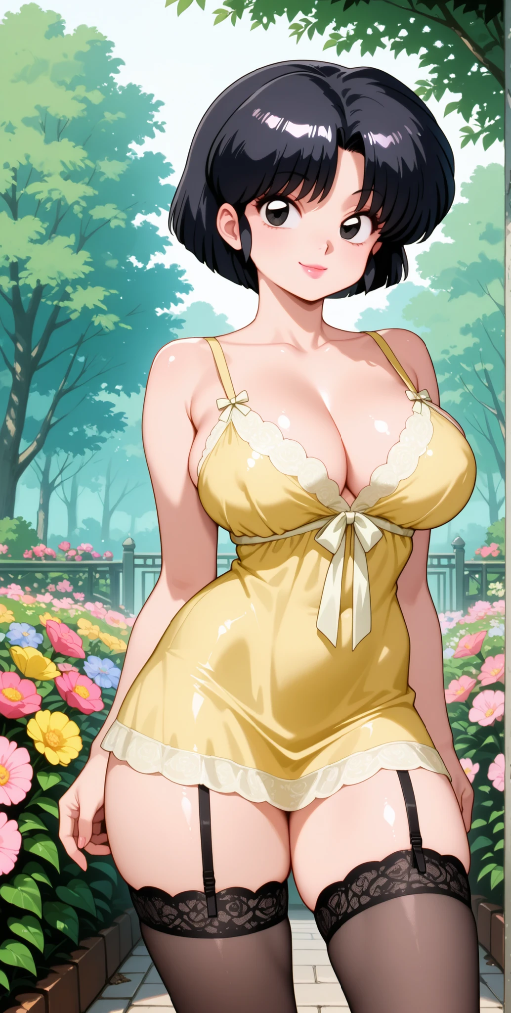 akane tendou, female, mature, solo, smile, pink lips, black eyes, detailed eyes, light black hair, short hair, parted bangs, BIG breasts, short sexy dress, nightgown, yellow nsfw sexy dress, lingerie stockings, cleavage, waist, hips, thighs, amazing quality, black skin, high definition, sexy pose, outside, day, exterior, flowers, beautiful garden, akane tendou / ranma 1/2,
