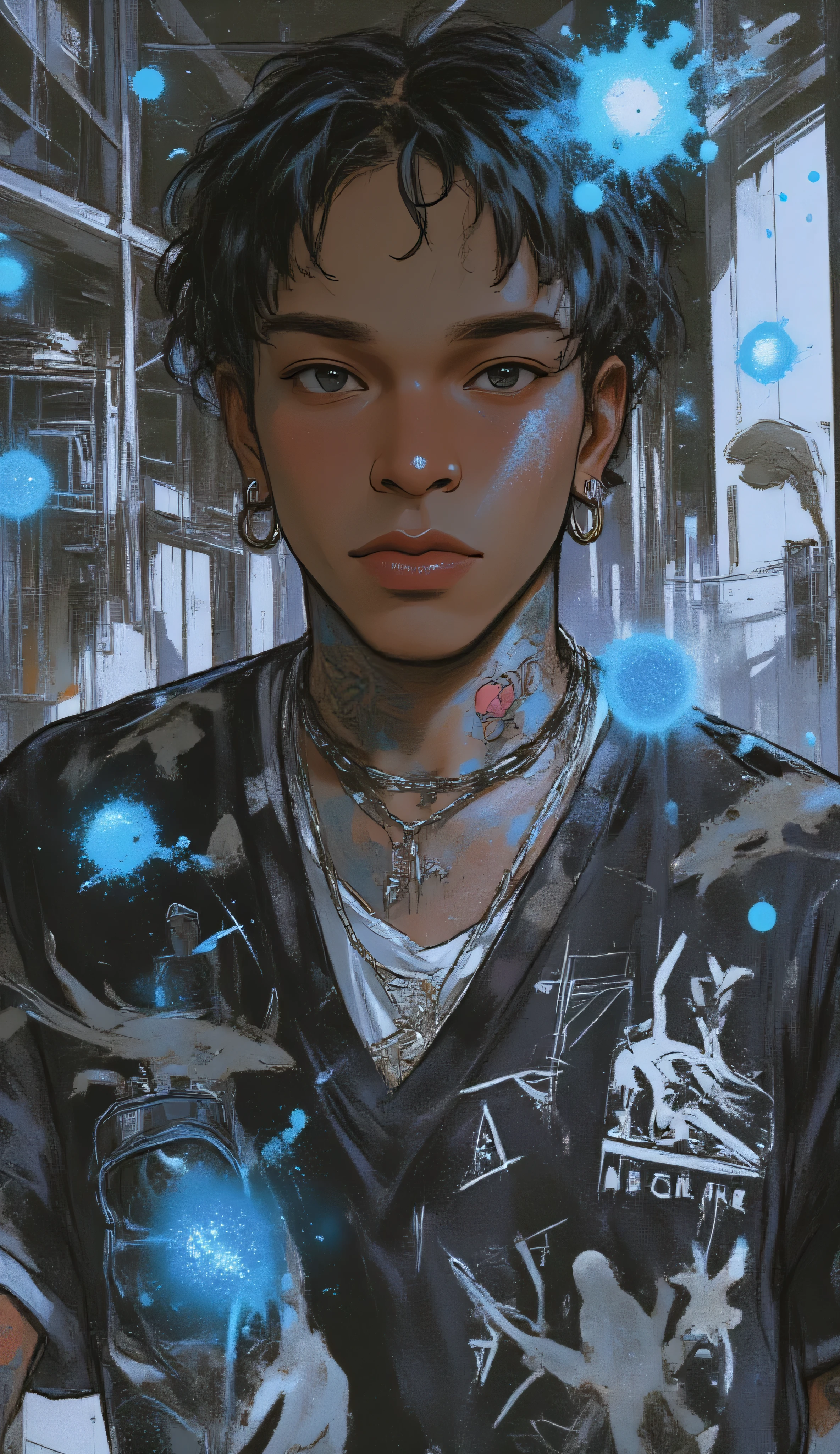 Black man in a surreal digital collage, tattoo artist theme — he holds a tattoo machine, surrounded by glowing orbs of blue and grey energy, cranes flying around him, and abstract symbols like lizards and geometric forms. His expression is deep, introspective — representing ‘The Inner World of the Autism Spectrum’. The composition feels like a new album cover, a contemporary mixed-media collage with surreal elements, high definition, detailed textures, artistic balance and powerful emotional presence. Title: ‘Look at Me’. Color palette: black, grey, and blue.   Crazy woman by Tattoo Artist ,The man said 「Which design do you live」,Black,grey,blue, surreal collage、a contemporary artistic collage、collage artwork、  New Album Cover  、 Great Job !! 、digital collage、(collage )、collage art、contemporary collage、mixed media collage、  surreal +      is high definition 、  surreal style、convertible、    Call It the Inner World of the Autism Spectrum、Look at me、Tattoo, Tattoo Machine , Design Catalog ,トカゲ , alignment ,cranes, orbs of glowing energy