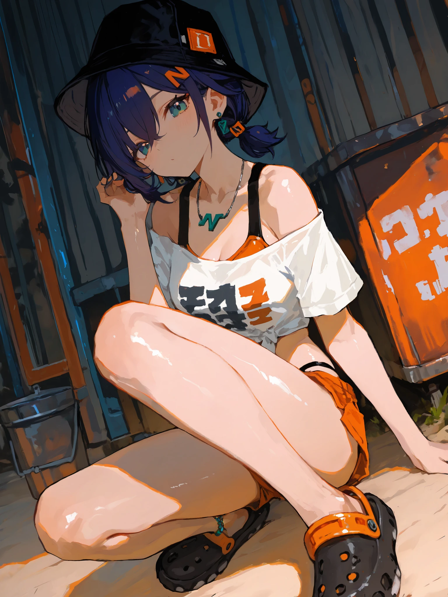 1girl, Beautiful, letter hairclip, earrings, necklace, low twintails, black bucket hat, off-shoulder crop top, bikini under clothes, orange sports bikini, orange short, anklet, crocs, (Masterpiece), 4k, 8k, digital art, cute anime, (detailed), absurd, newest, (best quality), (highest quality), aesthetic, beautiful angle, beautiful illumination, HDR, RTX, 748cmstyle, shiny skin, belle \(zenless zone zero\)