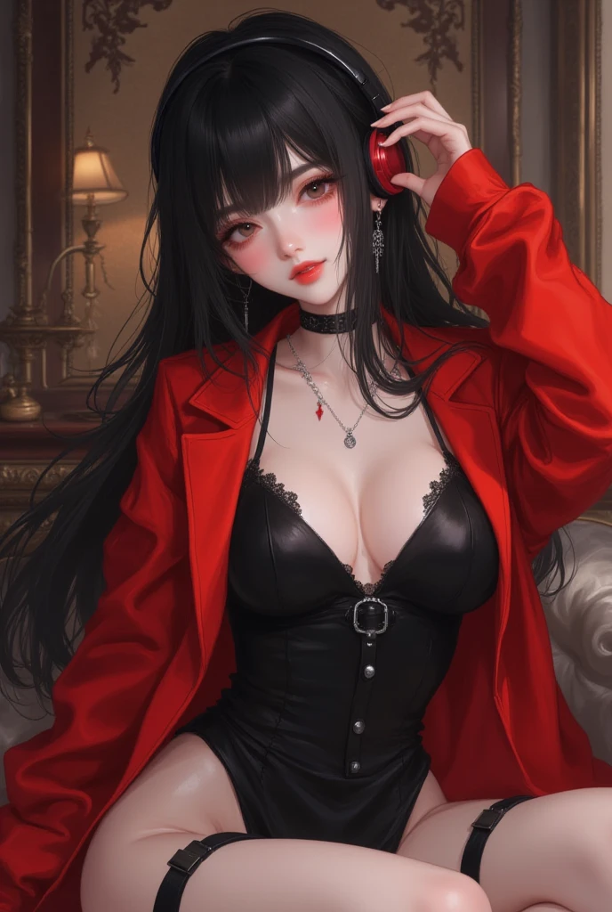 ((Long Straight Black hair)), Perfect face, Choker, Punk earrings, ((Tall)), ((High Quality)), Necklace, ((Mature)), Pretty Eyes, Sharp Nails, Bangs, ((1 Girl)), Hot, ((Multiple Earrings)), Natural ????, 1 girl, Beautiful, ????, Spiky Earrings, Adult, Spiked Collar, Thin Eyelashes, ((Black Belted Punk Dress)), Plain Background, Red Colors in Background, Black Eyes, Black Clothes, Long Bangs, ????, ????????, ?????, Dark Colors, Slender Body, Black Pantyhose, Thick Letterman Jacket With Emblem, ????, ?????, Leaning Back, Close Up, ???????, ??????, 