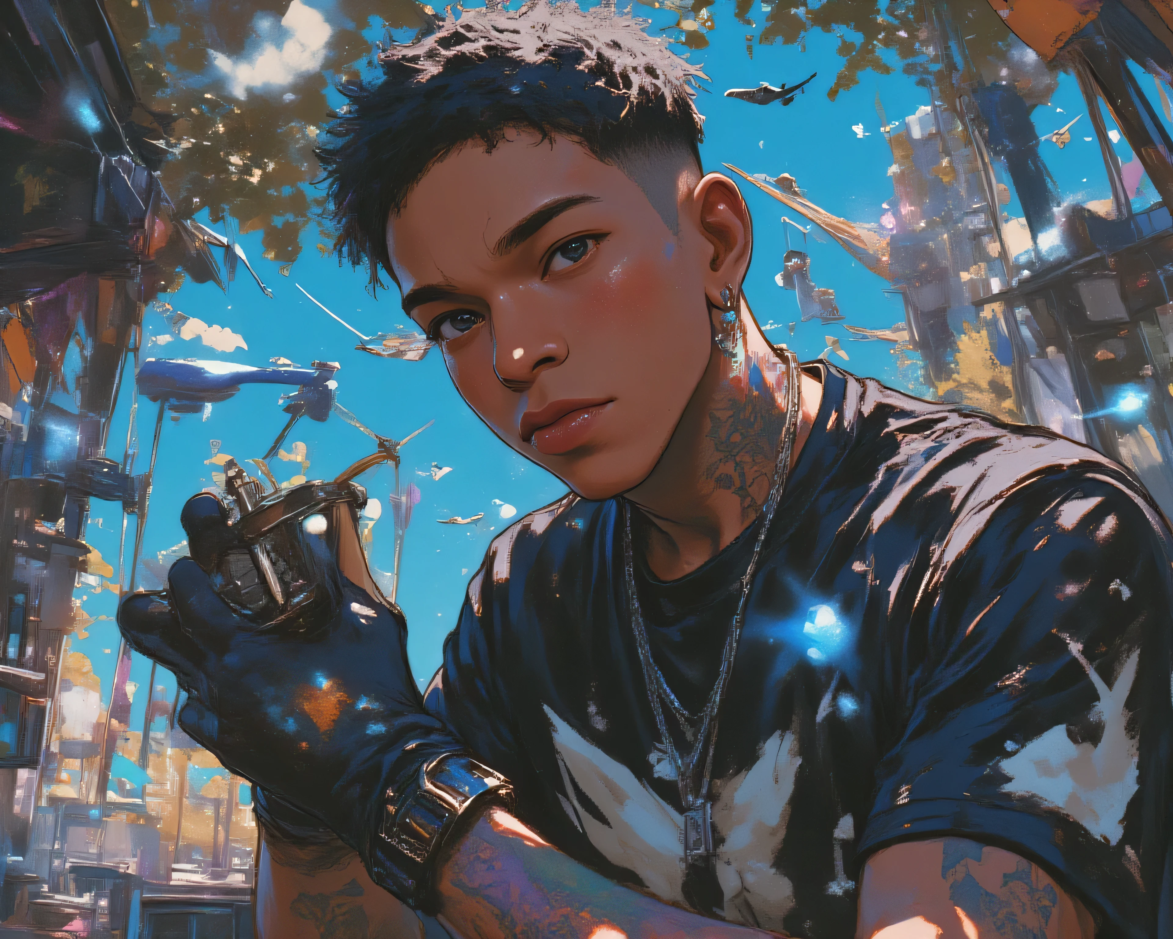 Black man in a surreal digital collage, tattoo artist theme — he holds a tattoo machine, surrounded by glowing orbs of blue and grey energy, cranes flying around him, and abstract symbols like lizards and geometric forms. His expression is deep, introspective — representing ‘The Inner World of the Autism Spectrum’. The composition feels like a new album cover, a contemporary mixed-media collage with surreal elements, high definition, detailed textures, artistic balance and powerful emotional presence. Title: ‘Look at Me’. Color palette: black, grey, and blue. Crazy woman by Tattoo Artist ,The man said 「Which design do you live」,Black,grey,blue, surreal collage、a contemporary artistic collage、collage artwork、 New Album Cover 、 Great Job !! 、digital collage、(collage )、collage art、contemporary collage、mixed media collage、 surreal + is high definition 、 surreal style、convertible、 Call It the Inner World of the Autism Spectrum、Look at me、Tattoo, Tattoo Machine , Design Catalog ,トカゲ , alignment ,cranes, orbs of glowing energy