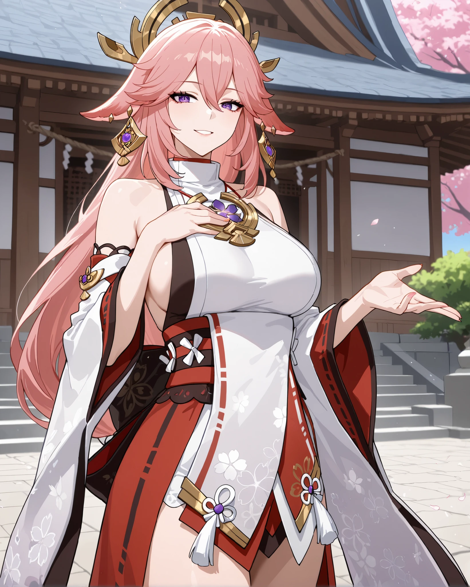 	Yae Miko \Genshin Impact\, aged up, mature female, womanly, 
pink hair, long hair, hair ornament, fox ears, 

japanese clothes, bare shoulders, 
pink detached sleeves, wide sleeves, 
jewelry, 

happy, confident expression, solo, 
standing, one hand on chest, 

japanese garden, shrine, 
1 beautiful girl, 

Masterpiece, best quality, amazing quality, newest, very aesthetic, absurdres, newest, cute, 