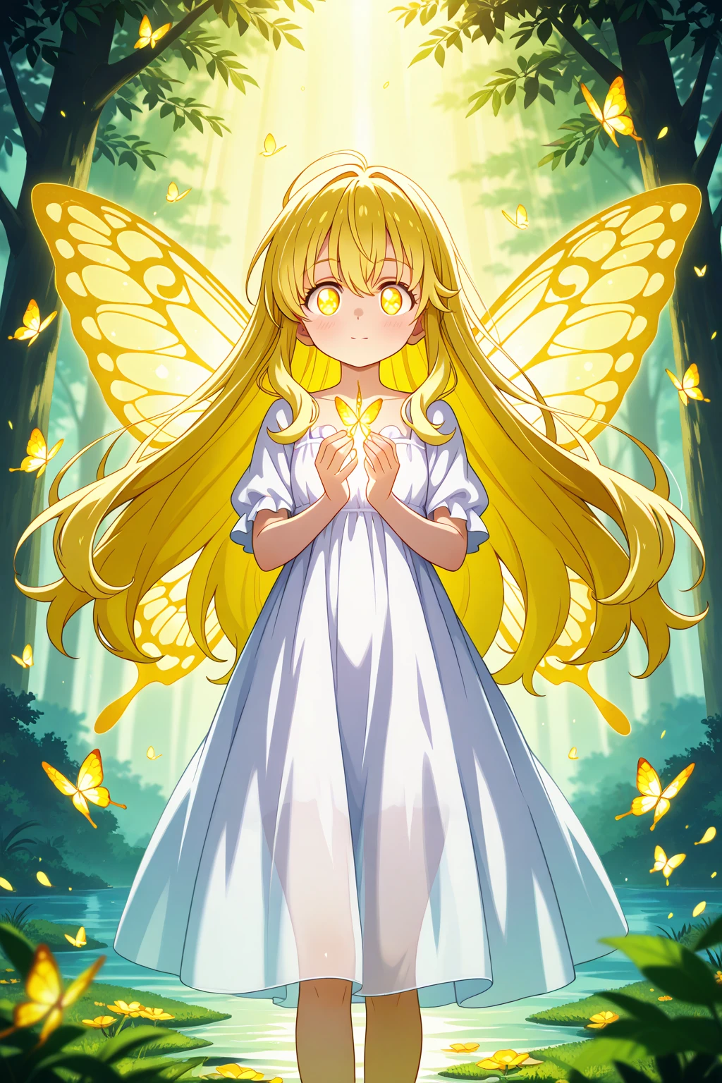 Showing the whole body, cute, baby face, , flying in the sky, in the forest, simple white dress, long hair, alone, short, fairy wings, honey blonde hair, lemon tree, orange eyes 