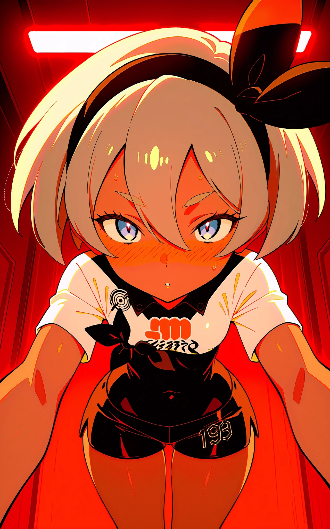 masterpiece,best quality,very aesthetic,volumetric lighting,amazing quality,mature female,black hair,large score_9, score_8_up, score_7_up, professional anime,HD,,dynamic shading,master piece,color balance,dynamic contrast,details in the image,best quality,amazing quality, 
,solo,master piece,anime,HD,1girl,(Bea from pokemon),short girl,(petite),wide hips,narrow waist,blue eyes, dark skin, dark-skinned female, grey hair, hair between eyes, short hair, ribbon, hair ribbon, hairband, black ribbon, black hairband breasts,lewd expression,nose_hook,å£äº¤é¢å°åFFF_after_fellatio_POV,