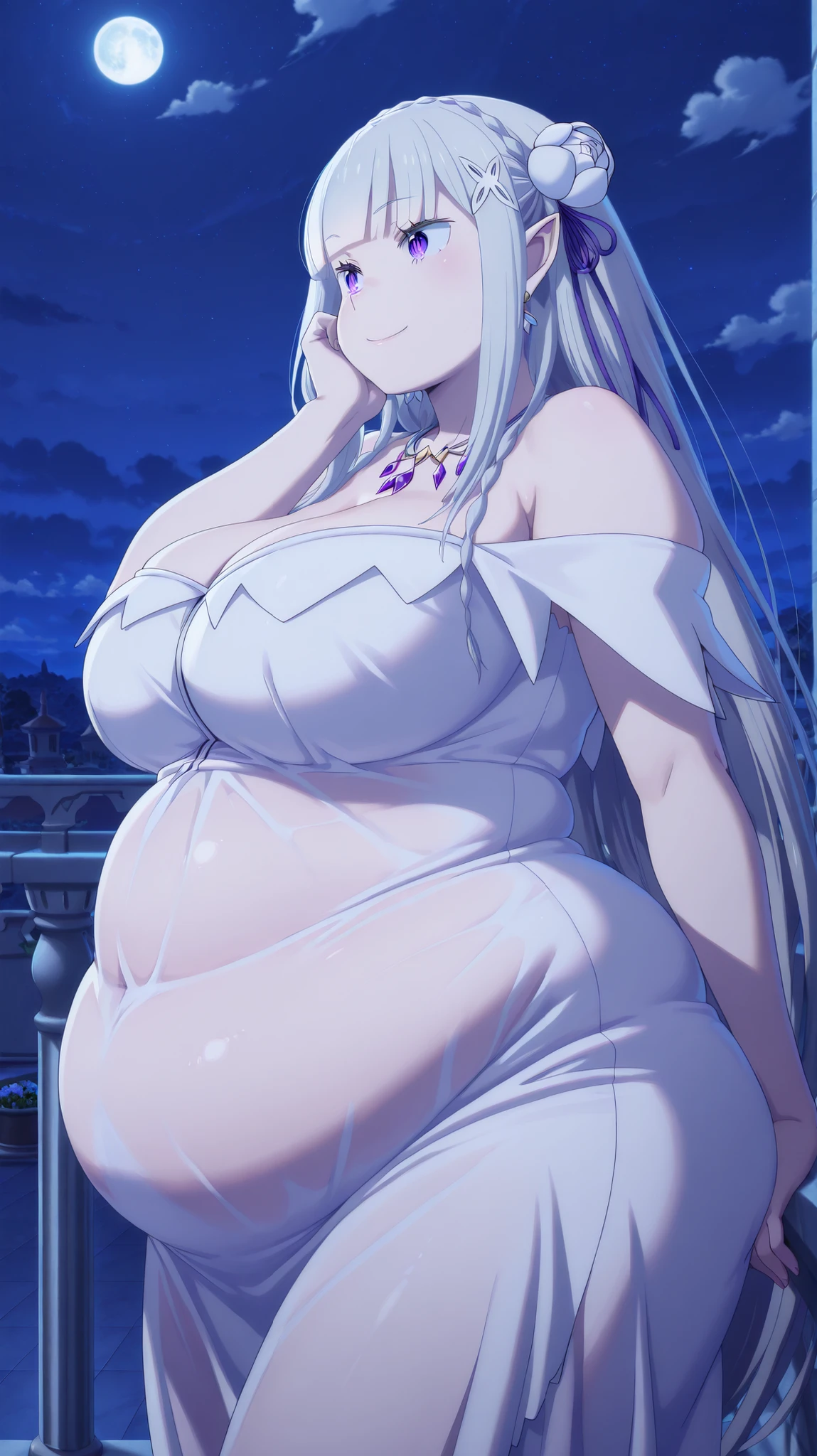 fat,obese,chubby,plump,WeightChubby,(masterpiece), UHD, detailed, emilia, emilia (re:zero), braid, crown braid, flower, hair flower, hair ornament, hair ribbon, long hair, pointy ears, purple eyes, white hair, x hair ornament, mature female, breasts, anime screencap, dress, cleavage, bare shoulders, jewelry, earrings, necklace, white dress, a girl standing straight while leaning on the edge of balcony at night under the moon light with her hair flow by the breeze, smile, from side, epic shot, looking at scenery, head rest, hand support see through, nip