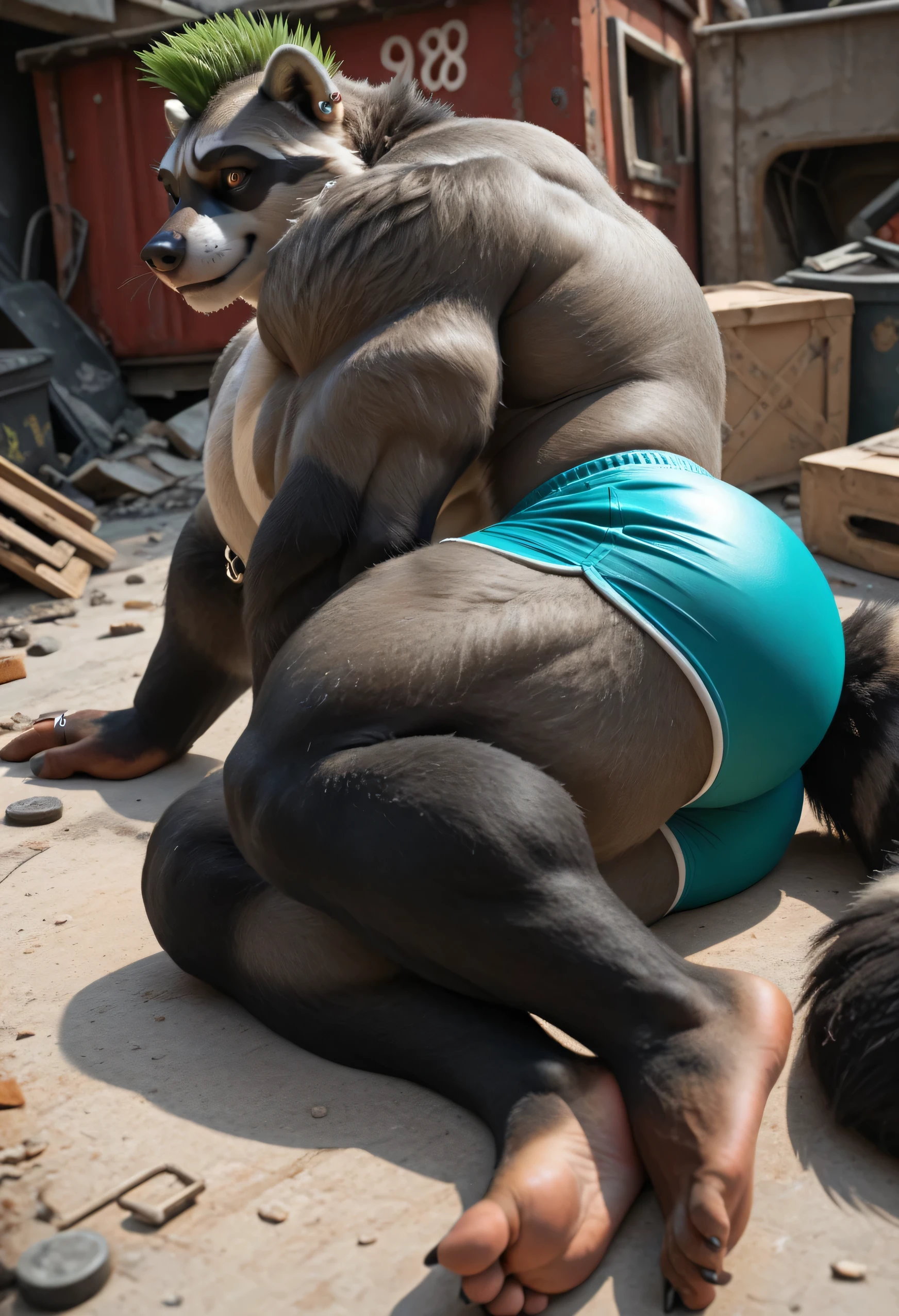 score _9, score _8_Up, score _7_Up, masterpiece, best quality, amazing quality, high quality, RAW photo, (Photorealistic Style), full body, (Perfectly Correct Anatomy). (furry), 1boy, (Huge Adult Male muscular bara Procyonids Raccoon Rufus from Fortnite), (Grey and Black Fur Body:1.4), Rufus Grey and Black Fur:1.6, Bushy Fluffy Grey and Black ringed tail:1.5, BlackRaccoon Mask:1.6, (Green Short Mohawk Hair:1.2), Realistic Detail Fur:1.5, Huge Bulging veiny muscle, Massive bodybuilder physique, huge bulging pectoral, huge broad chest, huge Wide Shoulders, huge bulging abs, Huge wide back. (Realistic Detail Amber Eyes), Black Sclera:1.4, Realistic Detail Bara Procyonids Chiseled Male Raccoon Handsome Rugged Rufus Face:1.8, strong square jawline, chiseled cheekbones, tough appearance, Huge muscular butt:2. Nipple Piercings, ear piercings, rings, realistic human hands, (Natural Soles of Feet Color:1.2), (5 fingers), Realistic human feet, (5 toes), (Natural Soles of Feet Color:1.2), Black Claws, (huge size 25 feet), (10 feet tall). In a Realistic Rugged Urban Junkyard, solo, (facing to the side of the viewer:1.8, side view:1.8), (lying on his side:1.4), on his back, hand on his own cheek, showing his feet, feet focus, focus face, close up face, smug smirk. wearing a tight blue cheeky jean shorts, wearing a tight White fishnet crop top:1.5, Uncensored.