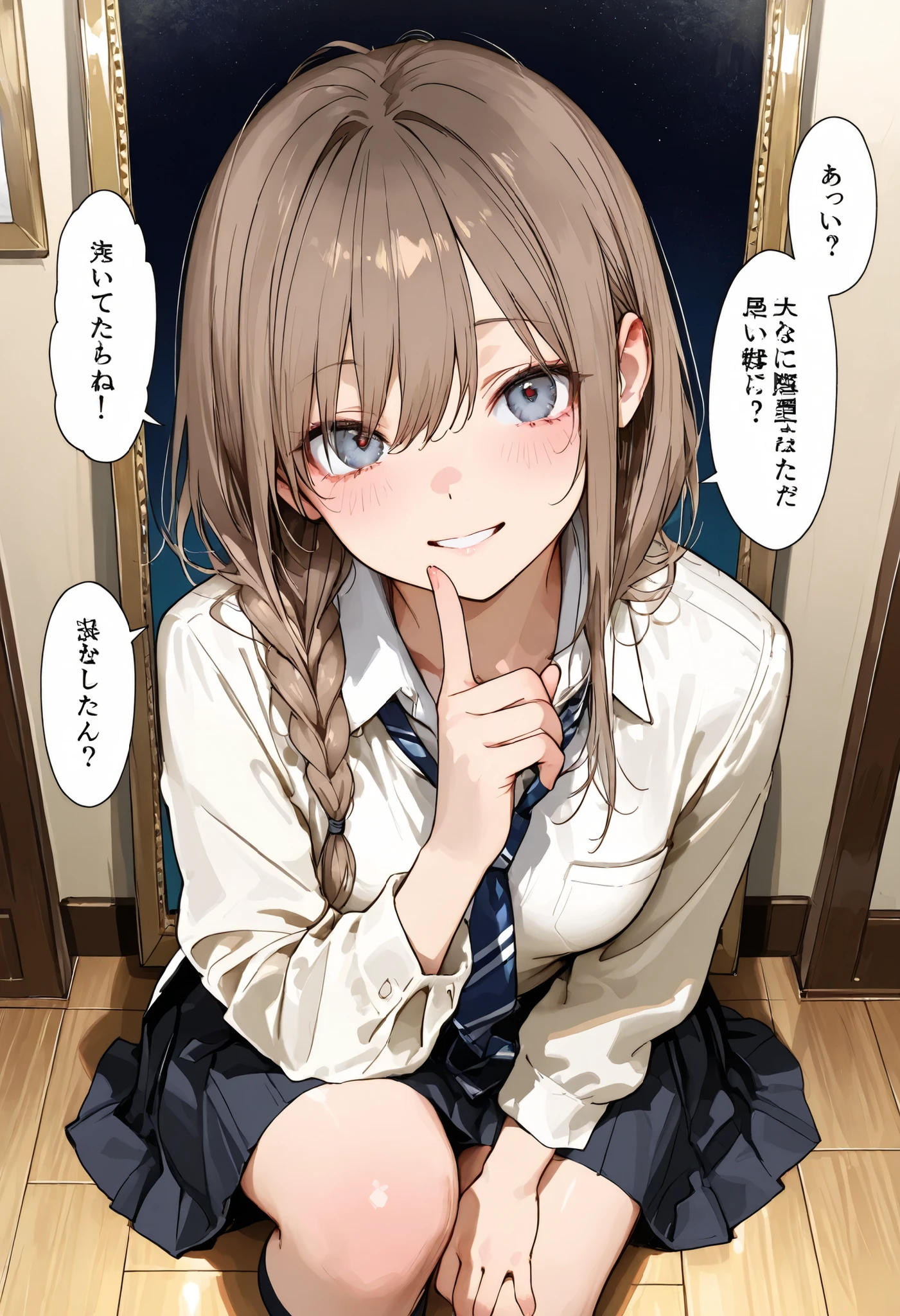 Overbearing,Discipline Committee Chairman,Discipline Committee Chairman's Girl,(((Discipline Committee Chairmanアームバンド))),Height 150 cm,charismatic presence, Strict Guidance for Students,Pointing Instructions,4K High Resolution,High Dynamic Range,brown hair,shortcuts,disheveled hair,short braided hair,neat,Slender Beauty,Correct Attitude,small breasts,beautiful legs,Seductive Shining Like a Star Gray-blue eyes are drawn,Saggy Eyes,Brilliant Colors,beautiful eyes,A delicate smile,Textured Skin on the Floor Mirror,Highest Quality,gentle and beautiful woman,anime style、AMAZING DETAILS ULTRA REALISTIC DIGITAL ILLUSTRATED,Deep Color ,dramatic lighting,accurate texture, 4K Realistic Illustration, very detailed, professional, Brilliant Colors, Delicate Light and Shadow, Disciplinary Committee Center, tall male student, Enforcement, Small but Strong Presence, Trying to Solve School Problems