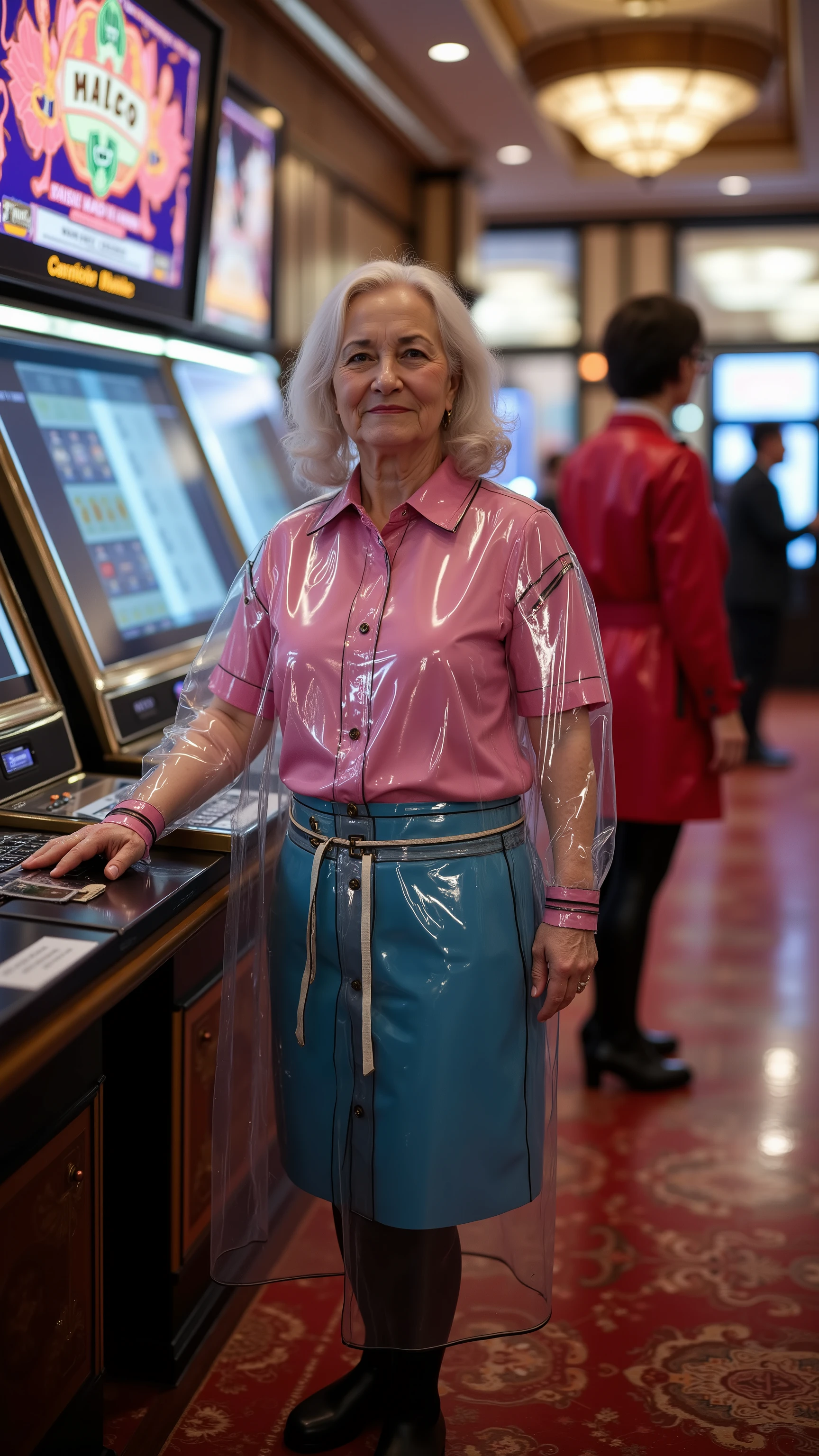 pradarctrans2003, a wide angle image taken at the side of a casino floor near the cash handling room, a 85 year old fat asian woman stands at a counter next to a touch screen with money on the counter wearing a pink latex shirt and a blue latex skirt with a prada translucent raincoat over her clothes, a woman stands behind the counter in red vest and formal clothes