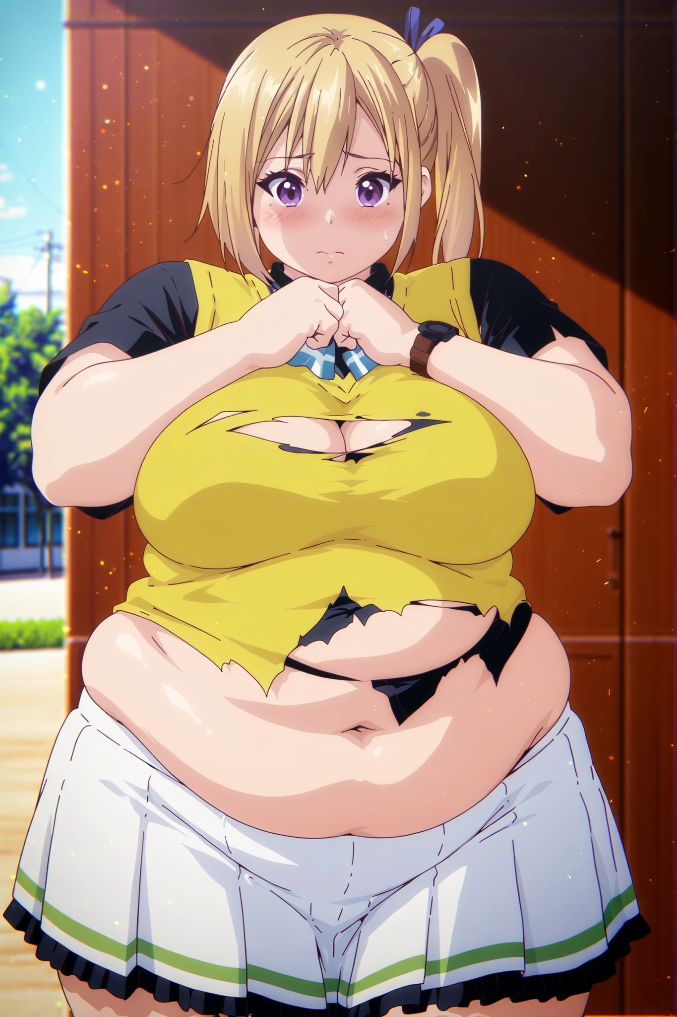chubby,plump,WeightChubby,high resolution　（Female 1 person、solo、Mai Kawakami）、   anime design、blush、one side up、torn clothes、watch viewers、Open your hands、take a brave stance、The background is the school yard