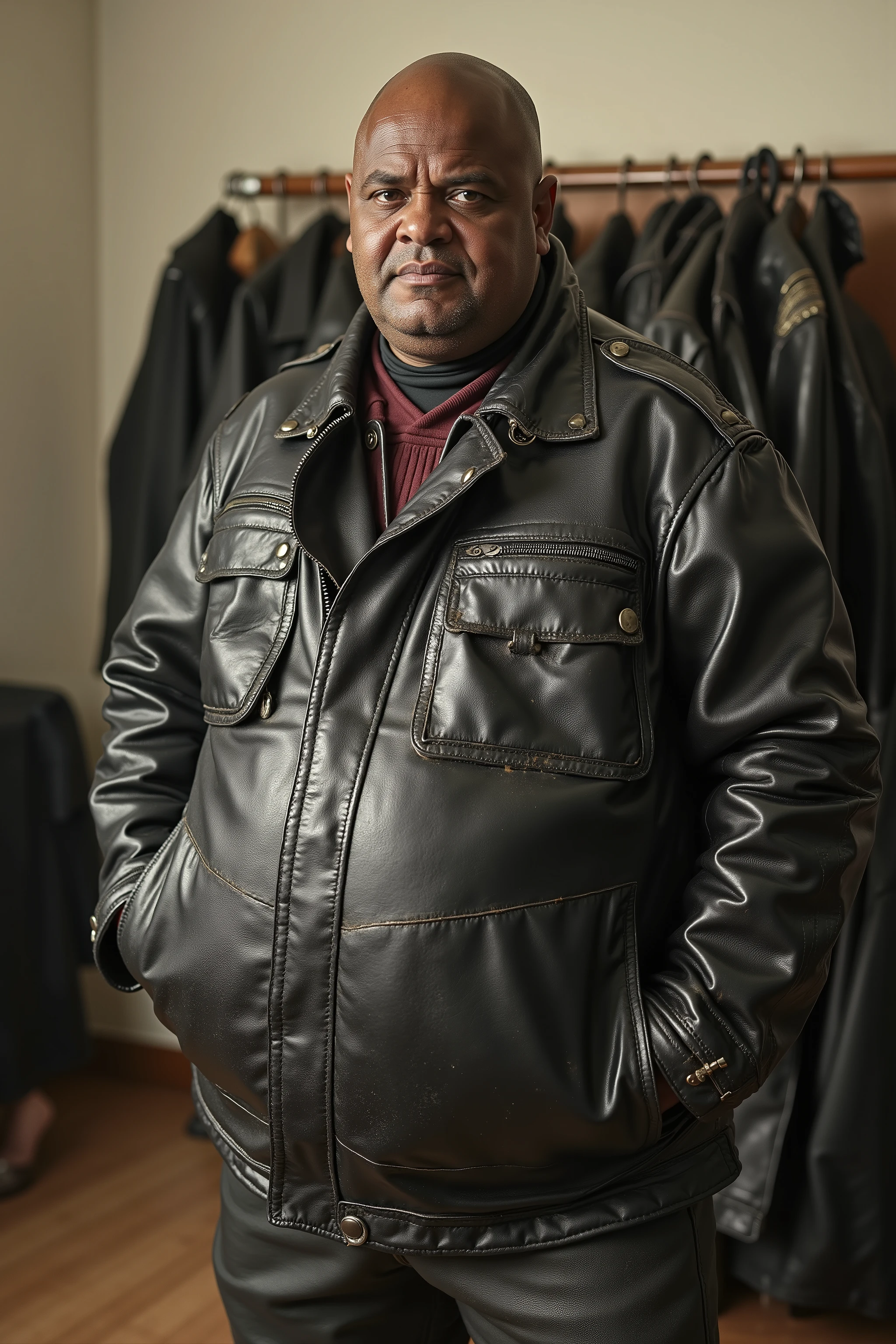 a fat bald black man 50 years old with large muscular arms and a big belly weighing 400 pounds with massive thighs, wearing a shiny black 1960s brit1960smoto jacket that has dirt and grime on the sleeves and jacket from age, the man stands in a bedroom with a rack of leather jackets behind him
