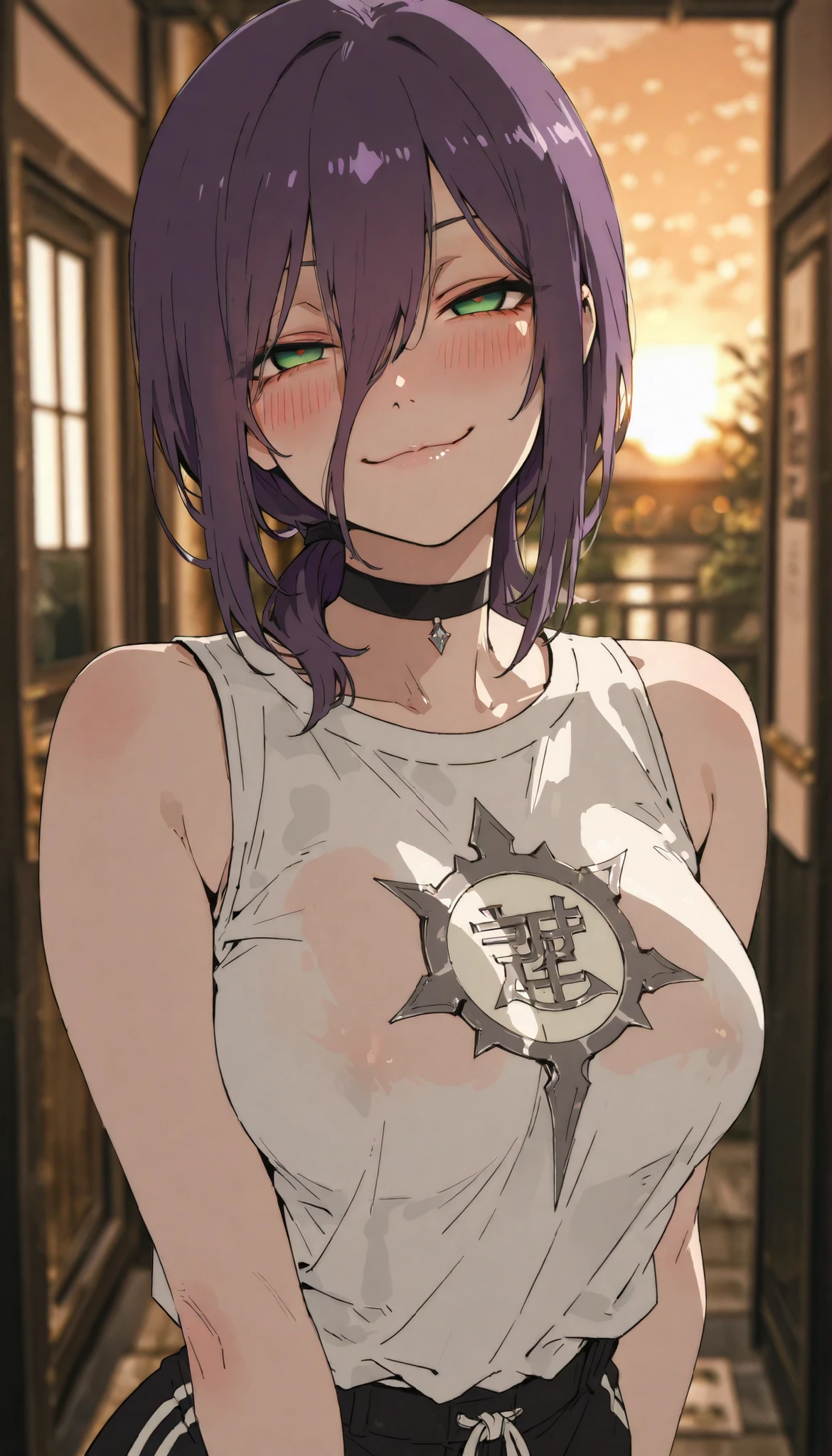 masterpiece, best quality, ultra detailed, very sexy, Beautiful waist, seductive pose,
cutting, mature woman, medium sized breast, black choker, purple hair, choker, eyebrows hidden by hair, green eyes, hair between eyes, long bangs, medium hair,,bare shoulders, black shorts, gatekeeper, gatekeepered shirt, shirt, shorts, silver, silver shirt, white shirt,,, BREAK, mature woman, screenshot anime, minimal gradients, ((( flat color ))),,
One, standing, blurred background, evening, Outside , looks at the viewer, front view, shot from the point of view of, upper body, blush, backlight, smile, (Open your eyes:0.7), empty eyes, (naughty face:1.5), learn ahead , face focus, closed mouth,