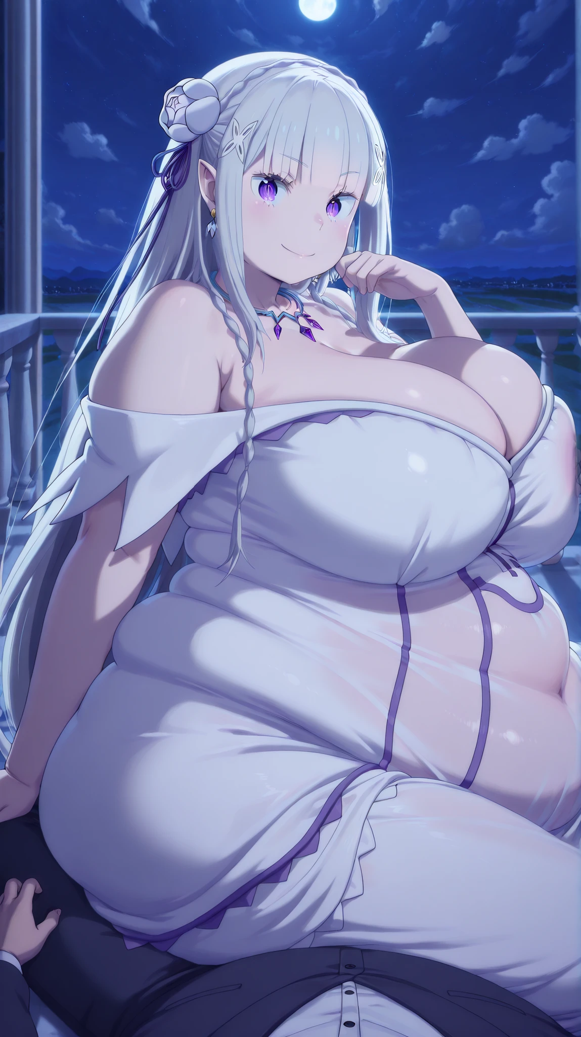 hyper fat,hyper obese,chubby,obese,fat,plump,WeightObese,(masterpiece), UHD, detailed, emilia, emilia (re:zero), braid, crown braid, flower, hair flower, hair ornament, hair ribbon, long hair, pointy ears, purple eyes, white hair, x hair ornament, mature female, breasts, anime screencap, dress, cleavage, bare shoulders, jewelry, earrings, necklace, white dress, a girl standing straight while leaning on the edge of balcony at night under the moon light with her hair flow by the breeze, smile, from side, epic shot, looking at scenery, head rest, hand support see through, nip, "First-person perspective (POV) of someone lying down on their back , looking up at another person sitting on their lap , facing them . The person sitting has a relaxed but dominant posture , their hands resting on the viewer’s chest or thighs . The scene captures an intimate and intense moment , with the sitting person making direct eye contact with the viewer . Soft lighting , slight depth blur to enhance immersion, tempting flirt sexy, ((giantic breast))