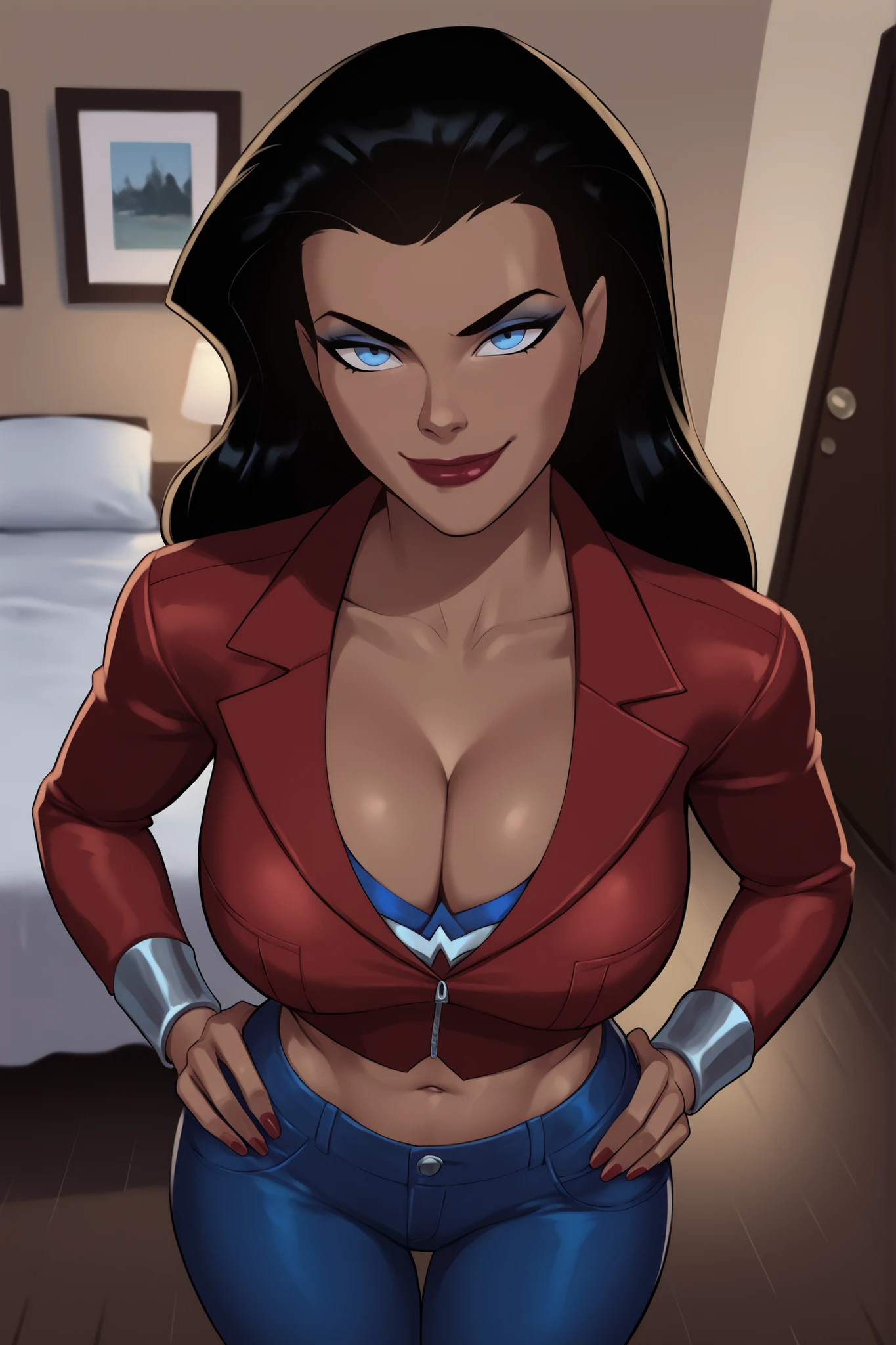 PonyXLV6_Scores BREAK ((parody), perfect anatomy, perfect eyes, cowboy shot), BREAK diana prince, long hair, black hair, blue eyes, scarlet red lipstick, dark-skinned female, ((looking at viewer)), seducing viewer, teasing viewer, cleavage, busty, long sleeves, red leather jacket, blue crop top, blue jeans, large breasts, curvy, athletic, indoors, seductive expression, bedroom eyes, smile, closed mouth, bedroom, closeup, portrait, upper body, standing, muscular female, high-angle view, blue eyeshadow, hands on waist