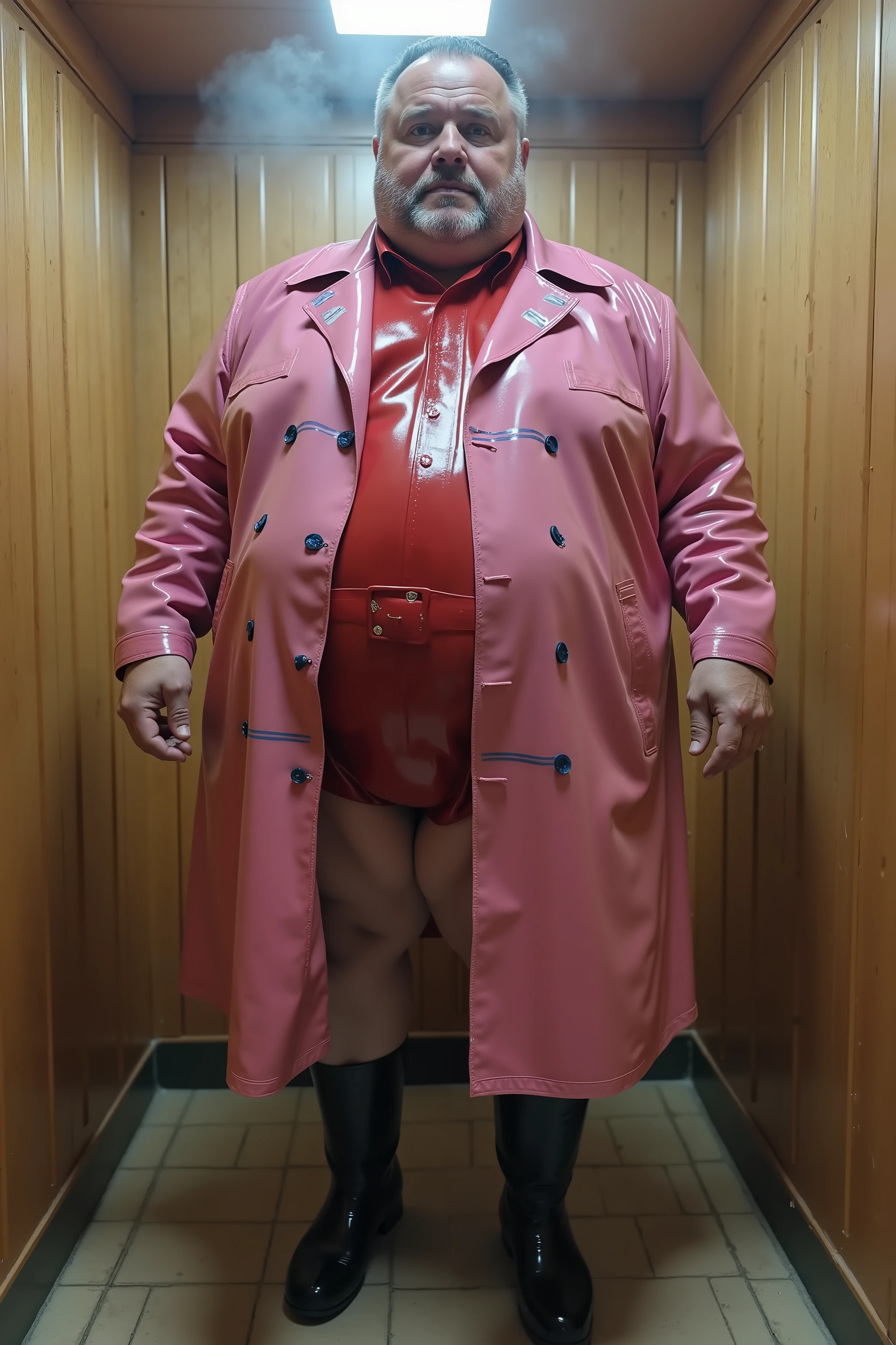 a fat man weighing 800 pounds, gigantic man, 60 years old, double chin, fat arms face and belly, large thighs, wearing a ltxtrenchcoat that is shining polished pink latex with blue stripes, wearing a tight red belt, wearing a polished red shirt, wearing black rubber boots, standing in a steamroom filled with steam, his skin is sweaty and wet