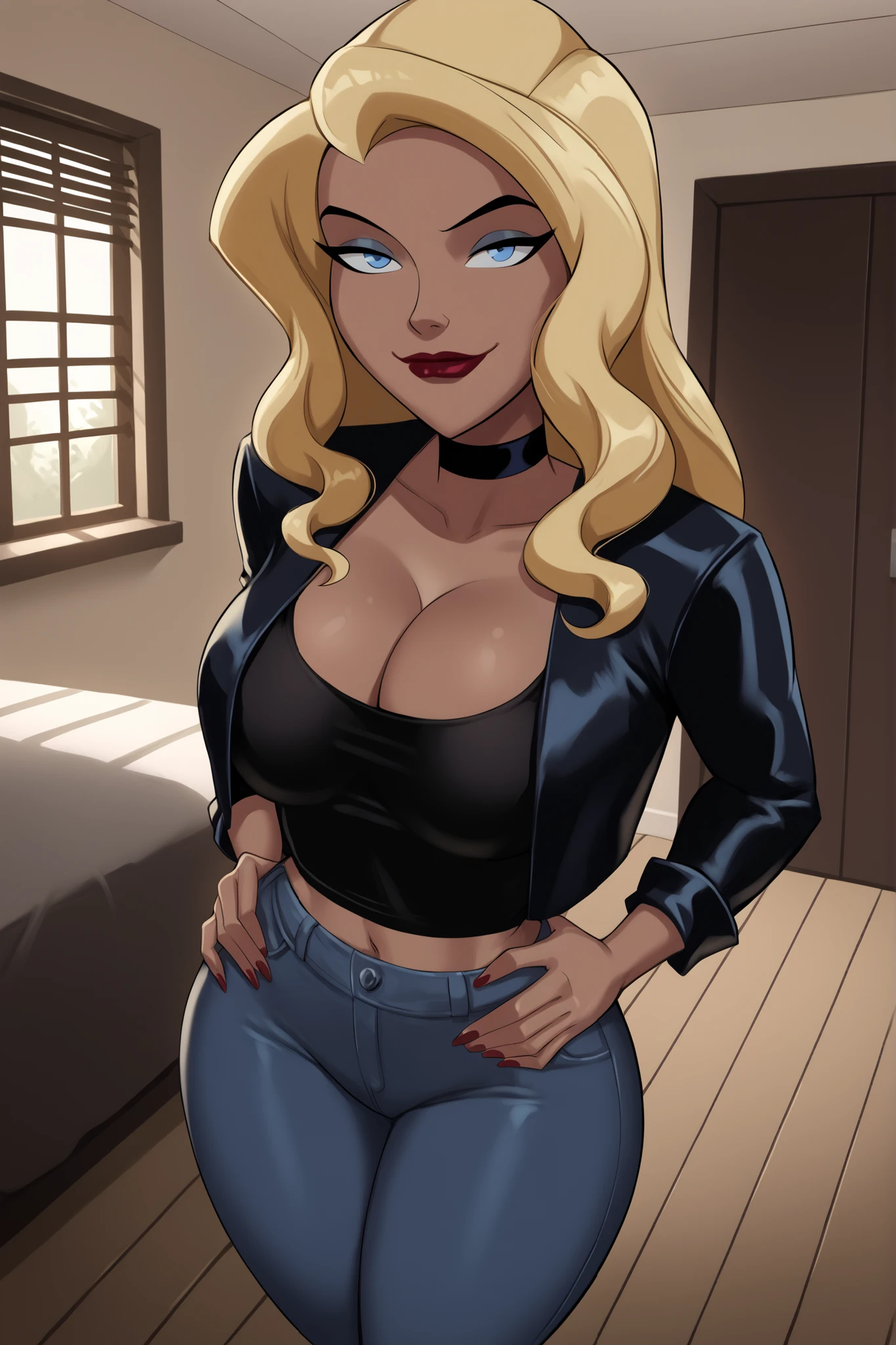 PonyXLV6_Scores BREAK ((parody), perfect anatomy, perfect eyes, cowboy shot) BREAK dinah lance, long hair, blond hair, blue eyes, dark-skinned female, ((looking at viewer)), seducing viewer, teasing viewer, black choker, cleavage, busty, long sleeves, black leather jacket, black crop top, black jeans, very large breasts, curvy, athletic, indoors, smile, closed mouth, bedroom, seductive expression, bedroom eyes, scarlet red lipstick, standing, high-angle view, dark blue eyeshadow, hands on waist