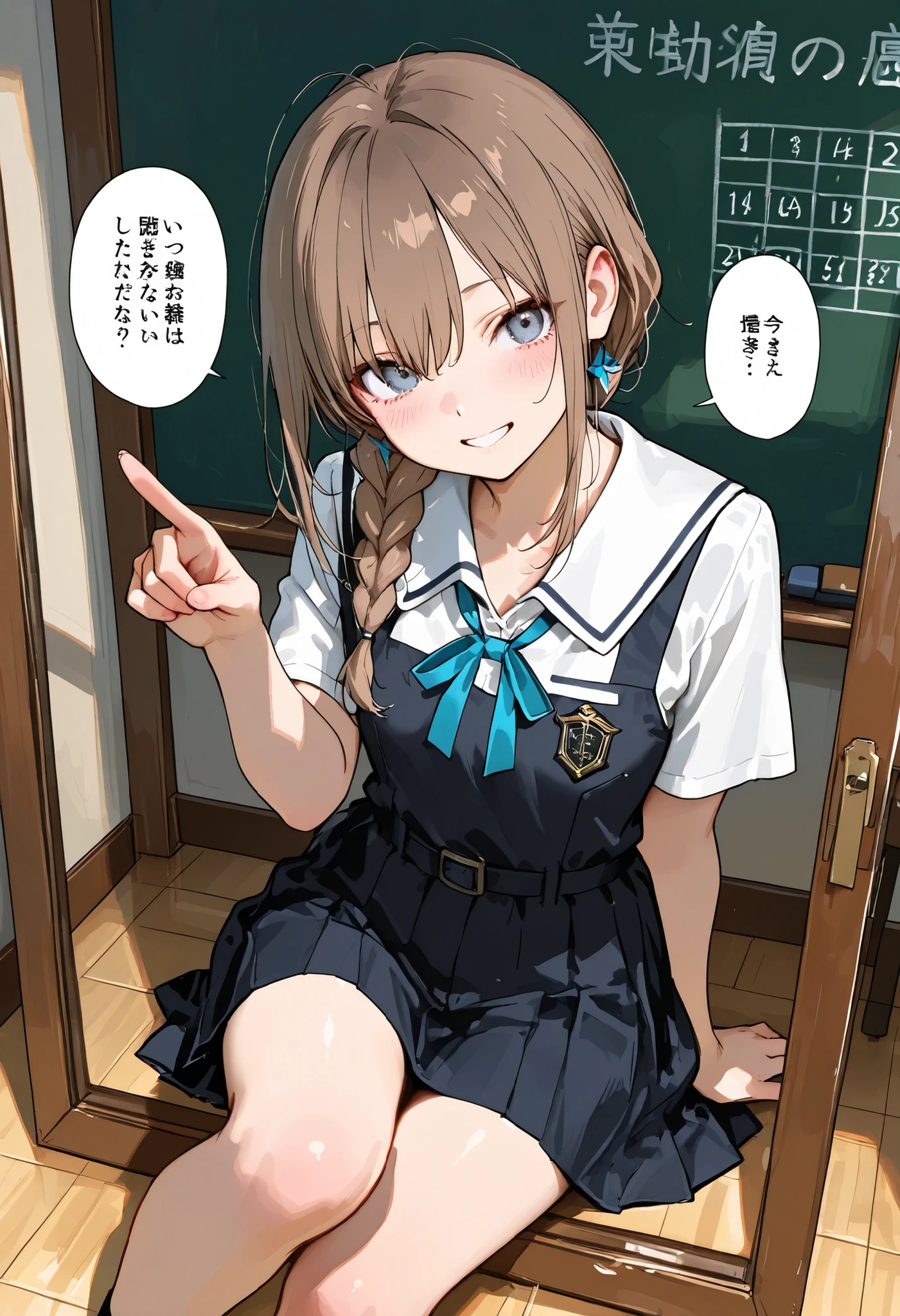 Overbearing,Discipline Committee Chairman,Discipline Committee Chairman's Girl,(((Discipline Committee Chairmanアームバンド))),Height 150 cm,charismatic presence, Strict Guidance for Students,Pointing Instructions,4K High Resolution,High Dynamic Range,brown hair,shortcuts,disheveled hair,short braided hair,neat,Slender Beauty,Correct Attitude,small breasts,beautiful legs,Seductive Shining Like a Star Gray-blue eyes are drawn,Saggy Eyes,Brilliant Colors,beautiful eyes,A delicate smile,Textured Skin on the Floor Mirror,Highest Quality,gentle and beautiful woman,anime style、AMAZING DETAILS ULTRA REALISTIC DIGITAL ILLUSTRATED,Deep Color ,dramatic lighting,accurate texture, 4K Realistic Illustration, very detailed, professional, Brilliant Colors, Delicate Light and Shadow, Disciplinary Committee Center, tall male student, Enforcement, Small but Strong Presence, Trying to Solve School Problems