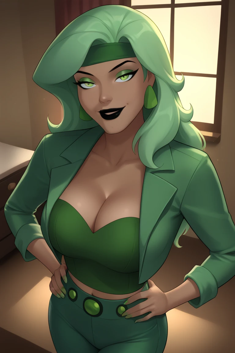 large breasts, leather jacket, pantyhose, fishnets,  green dress, sexy, college dorm party, beer pong