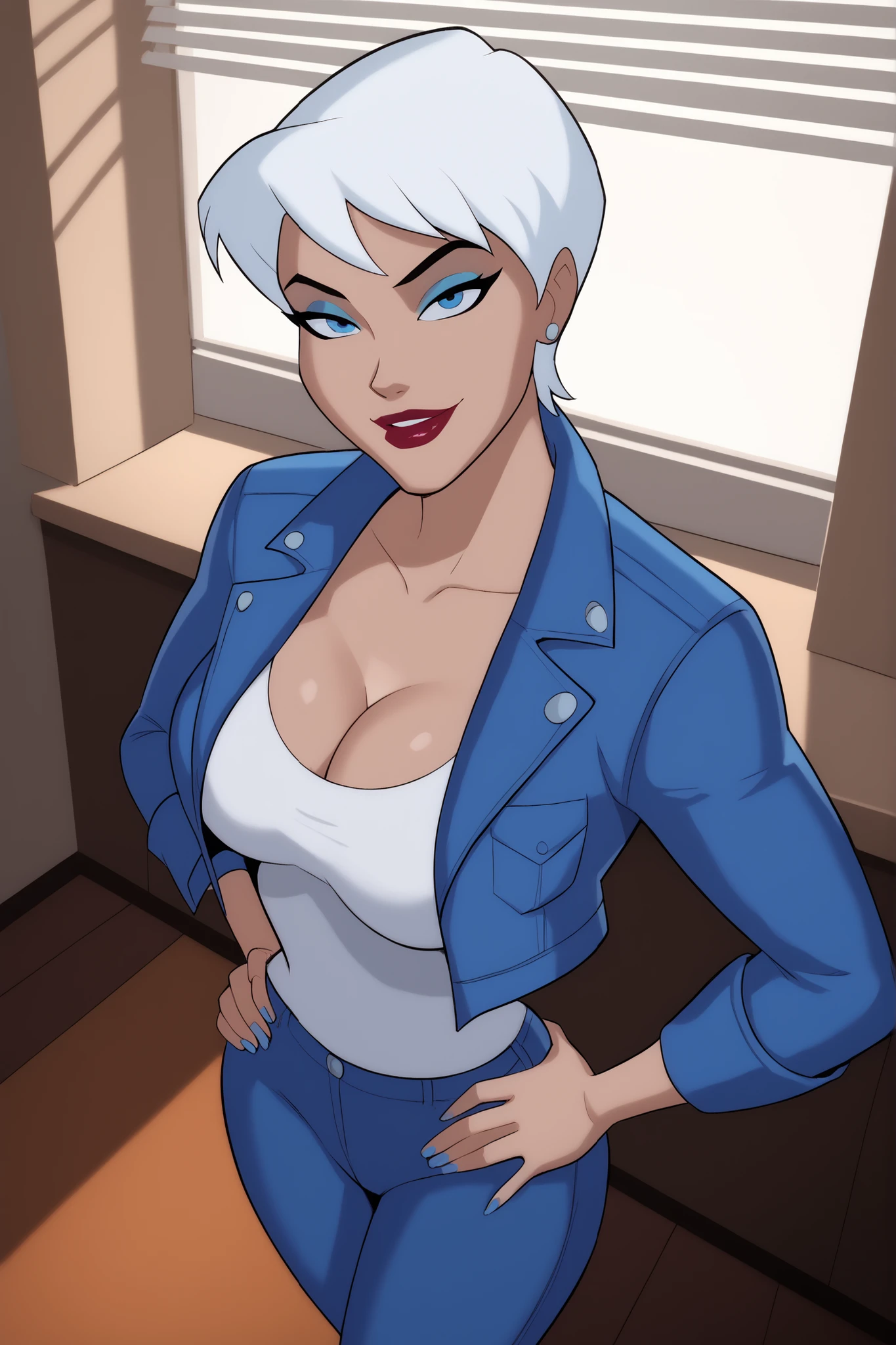 BREAK, score_9, score_8_up, score_7_up, score_6_up, masterpiece, high quality, perfect face, perfect eyes, JLUIce, solo, 1girl, white hair, short hair, blue eyes, lipstick, makeup, very large breasts, curvy, athletic, cleavage, smile, closed mouth, seductive expression, bedroom eyes, looking at viewer, seducing viewer, teasing viewer, busty, long sleeves, blue leather jacket, white crop top, blue jeans, indoors, bedroom, standing, high-angle view, blue eyeshadow, closeup, portrait, upper body, hands on waist 