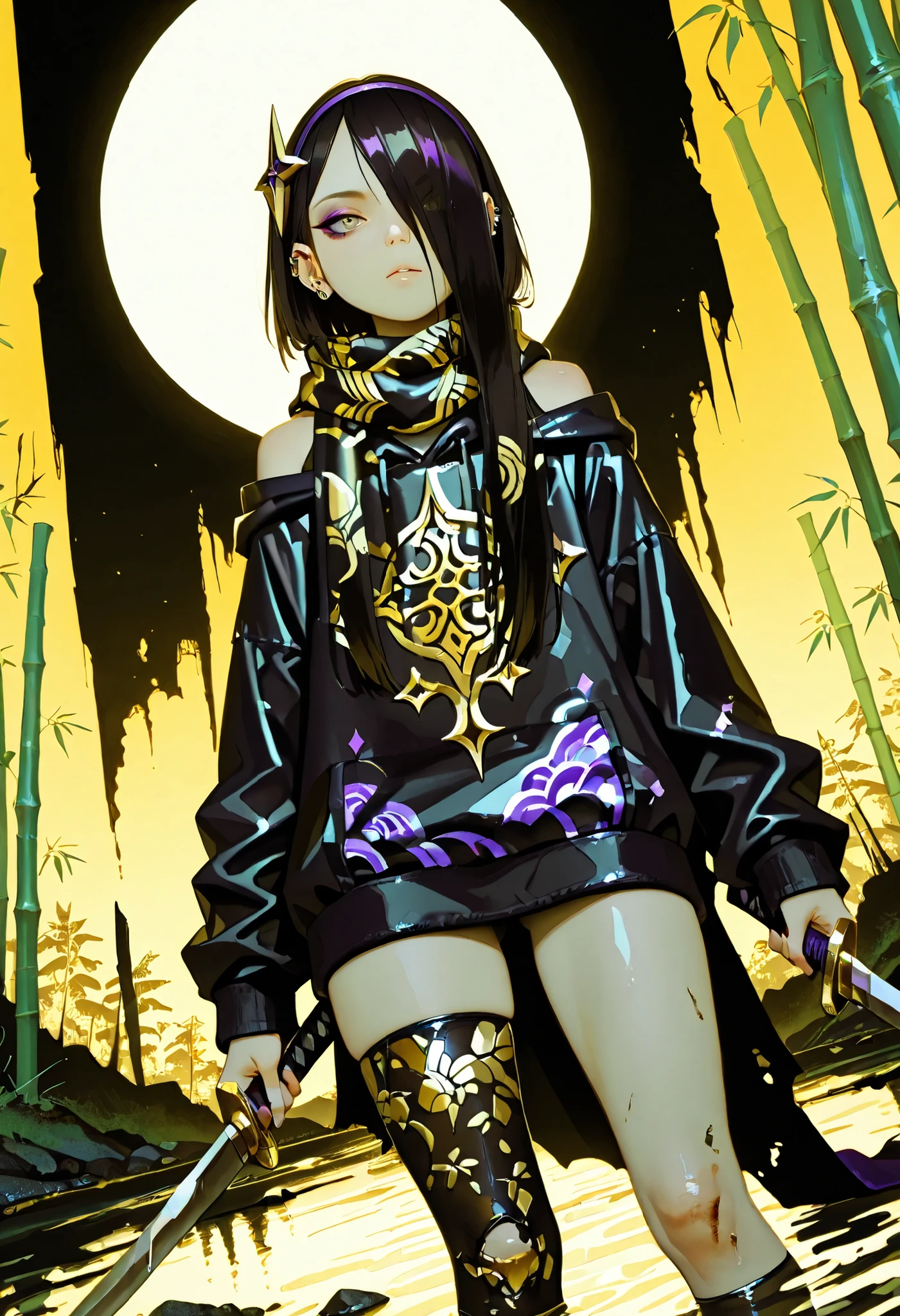 masterpiece, detailed_eyes, high_quality, best_quality, highres, absurdres, 8k, score_9, 1girl, sunset, (light skinned girl), (hair over eye), ((light brown eye)), black hair, ((amethyst, tanzanite, Sugilite)), piercings, slender body, flat chest, tiny shoulders, wide hips, huge ass, moody, double eyelids, heavy eyeshadow), ((Seigaiha patterned scarf, Seigaiha wave pattern scarf - gold waves on black background)), ((erotic)), hairband, scraped knees, scuffed knees, stockings, ((black and gold Uroko patterned stockings, oversized hoody, black hoody with gold Yunwen pattern)), damaged clothes, (exposed shoulders), black clothes, gold colors, purple colors, complimentary colors, high contrast, shuriken hair ornament, wielding ninjatō, ninja sword, dynamic angle, Southern gothic, kudzu, bamboo forest, fen, swamp, murky water