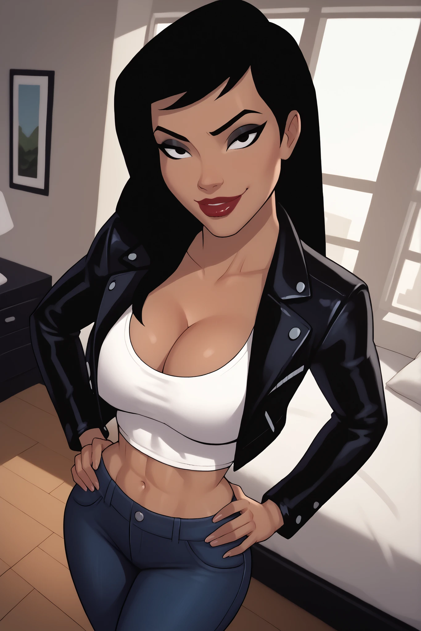 BREAK, score_6_up, score_7_up, score_8_up, score_9, 1girl, solo, Drlight, long hair, black hair, black eyes, lipstick, makeup, dark-skinned female, large breasts, busty, cleavage, curvy, athletic, midriff, looking at viewer, seducing viewer, teasing viewer, seductive expression, smiling, closed mouth, bedroom eyes, long sleeves, black leather jacket, white crop top, black jeans, indoors, bedroom, standing, closeup, portrait, upper body, high-angle view, black eyeshadow, hands on waist