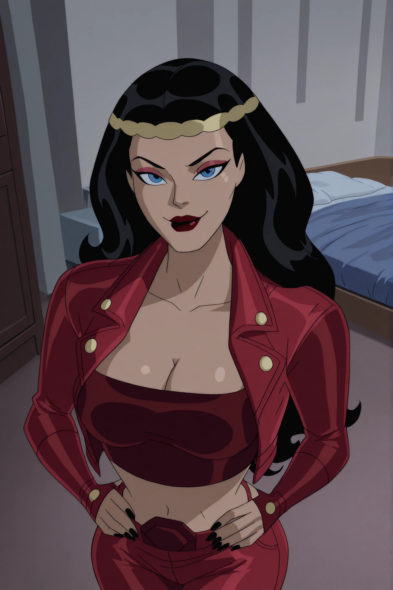 BREAK, score_6_up, score_7_up, score_8_up, score_9, b1gb4rd4, 1girl, solo, long hair, breasts, blue eyes, black hair, jewelry, hairband, dark red lips, lipstick, makeup, black nails, large breasts, busty, cleavage, curvy, athletic, looking at viewer, seducing viewer, teasing viewer, seductive expression, smiling, closed mouth, bedroom eyes, long sleeves, dark red leather jacket, dark red crop top, dark red jeans, indoors, bedroom, standing, closeup, portrait, upper body, high-angle view, dark red eyeshadow, hands on waist 