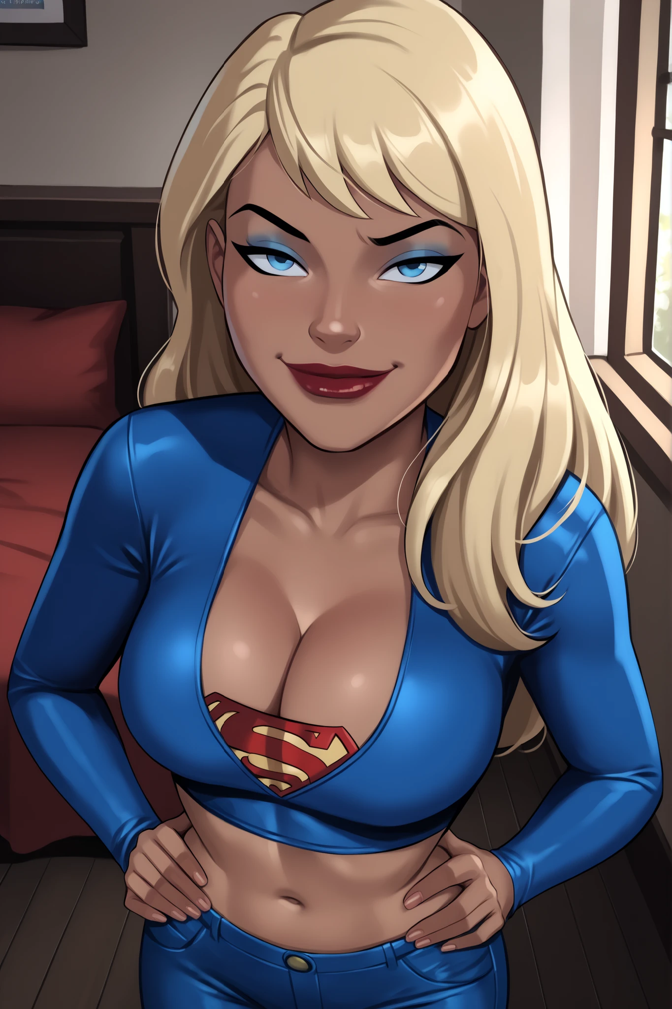 PonyXLV6_Scores BREAK ((parody), perfect anatomy, perfect eyes, cowboy shot) BREAK kara zor-el, long hair, blonde hair, blue eyes, dark-skinned female, lipstick, dark red lips, ((looking at viewer)), seducing viewer, teasing viewer, superhero, busty, long sleeves, blue leather jacket, blue crop top, red jeans, large breasts, cleavage, curvy, athletic, indoors, smiling, closed mouth, bedroom, seductive expression, bedroom eyes, standing, high-angle view, blue eyeshadow, closeup, portrait, upper body, hands on waist