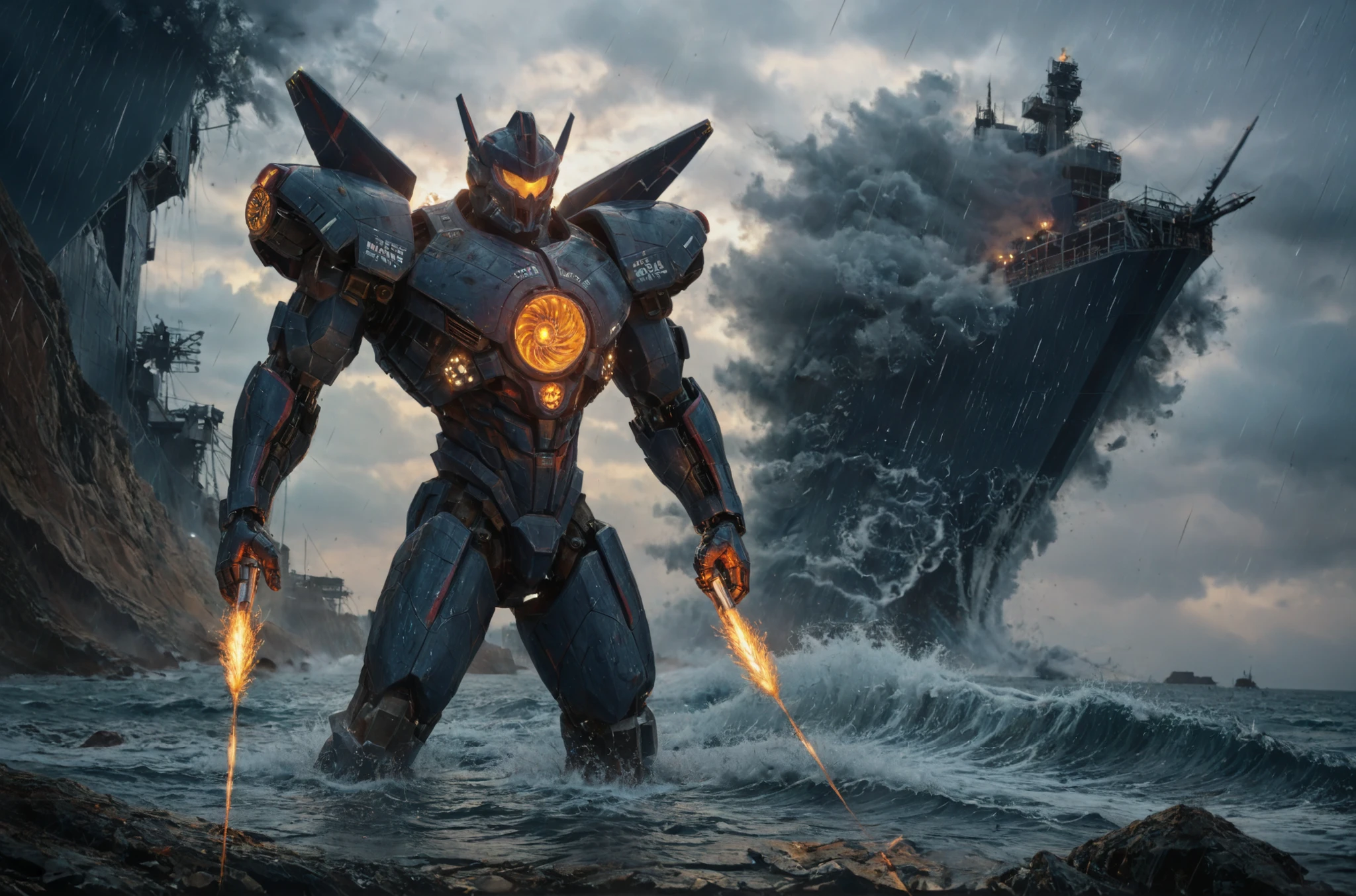 Epic, cinematic concept art poster of a giant Mark-8 Jaeger named "Aegis Vanguard" — original design homage to classic giant-robot blockbusters. Show a 76m navy-blue and steel-gray robot with a glowing chest fusion reactor labeled "Heartburst Mk.8" firing a concentrated, devastating energy beam from its chest; retractable twin plasma blades on both forearms (intense orange core), left forearm transformed into a gravitic slingshot device, right forearm fitted with a high-tech plasma gatling, visible elbow/shoulder/hip/leg/foot thrusters, axilla nitrogen vents, shoulder pods launching electric penetrator charges, powerful subsurface scapular subsonic cannons partially exposed. Pose heroic, three-quarter frontal, standing on a stormy coastal city shoreline at dusk with crashing waves, smoke, sparks, rain and damaged skyscrapers in background; dramatic rim and volumetric lighting, cinematic film-poster composition, high-detail, photorealistic textures, battle-worn metal, subtle scratches and scorch marks, warm reactor glow contrasted with cold steel, epic scale with tiny human figures for scale. Style keywords: grand, cinematic, industrial; modern cinematic sci-fi matte painting; digital concept art; film-poster quality. --no text overlays --focus: Jaeger