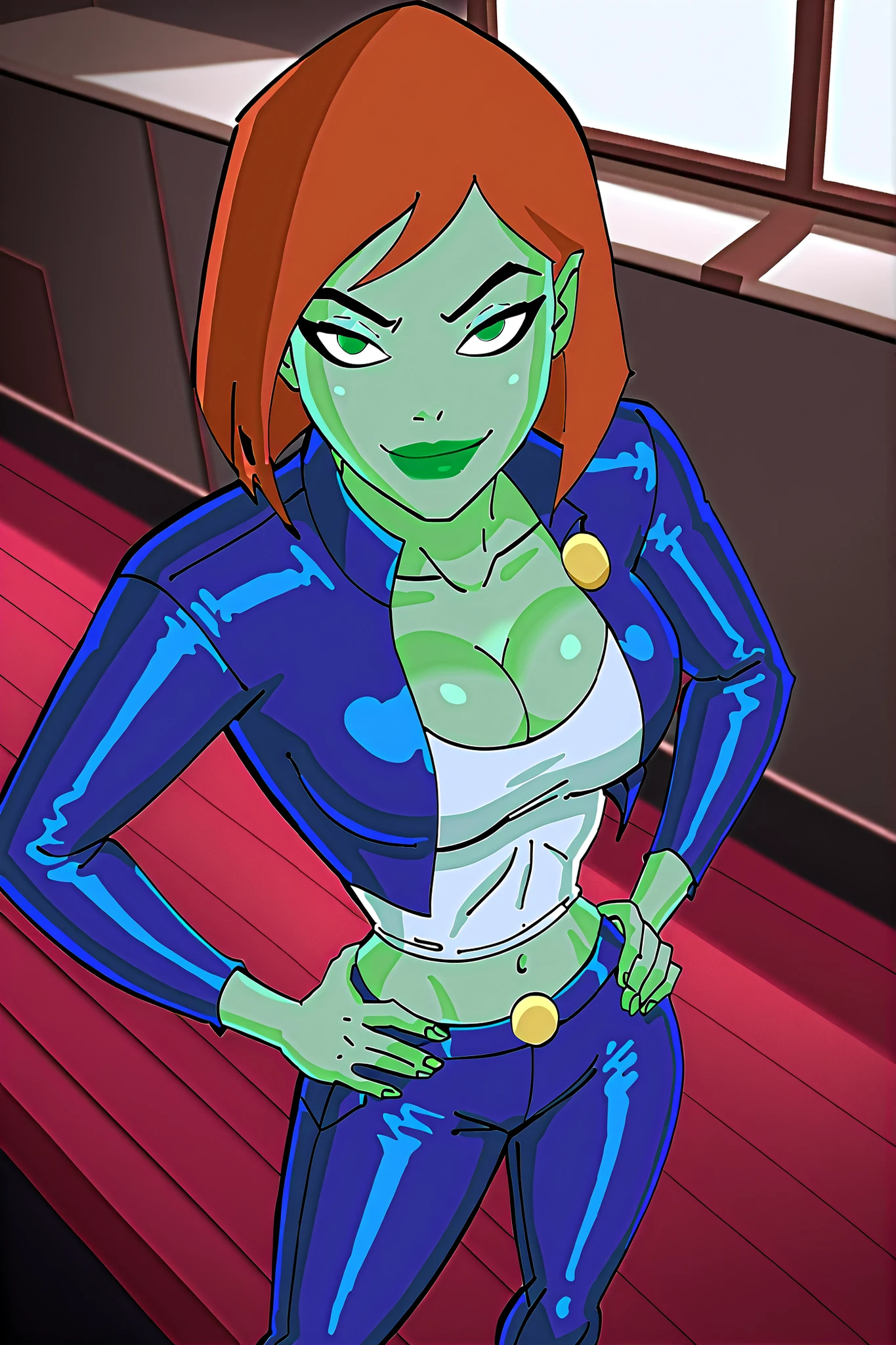 BREAK, score_6_up, score_7_up, score_8_up, score_9, 1girl, solo, green skin, green eyes, orange hair, green lipstick, makeup, Megan, superhero, large breasts, busty, cleavage, curvy, athletic, looking at viewer, seducing viewer, teasing viewer, seductive expression, smiling, closed mouth, bedroom eyes, long sleeves, blue leather jacket, blue crop top, blue jeans, indoors, bedroom, standing, closeup, portrait, upper body, high-angle view, dark blue eyeshadow, midriff, hands on waist