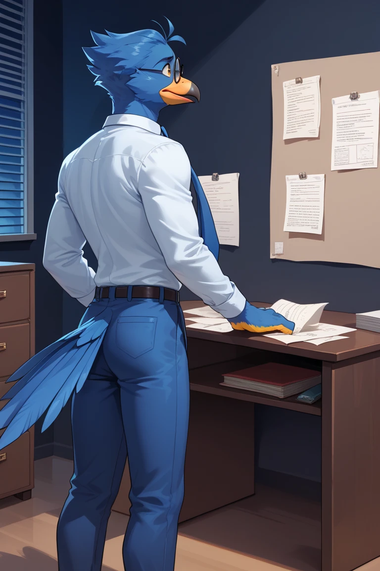 Berdly from Deltarune, professional art made by twistedscarlett60, male, avian, bird, avian tail, bird tail, blue body, blue feathers, feathery, blue skin, fully blue skin, completely blue skin, fully blue body, artist:twistedscarlett60, round glasses, thighs, thick thighs, oversized ass, library, school library, top-, black thigh-highs, pretty eyes, standing up, smile, looking at you,blue , long , blue , blue breasts, big breasts,