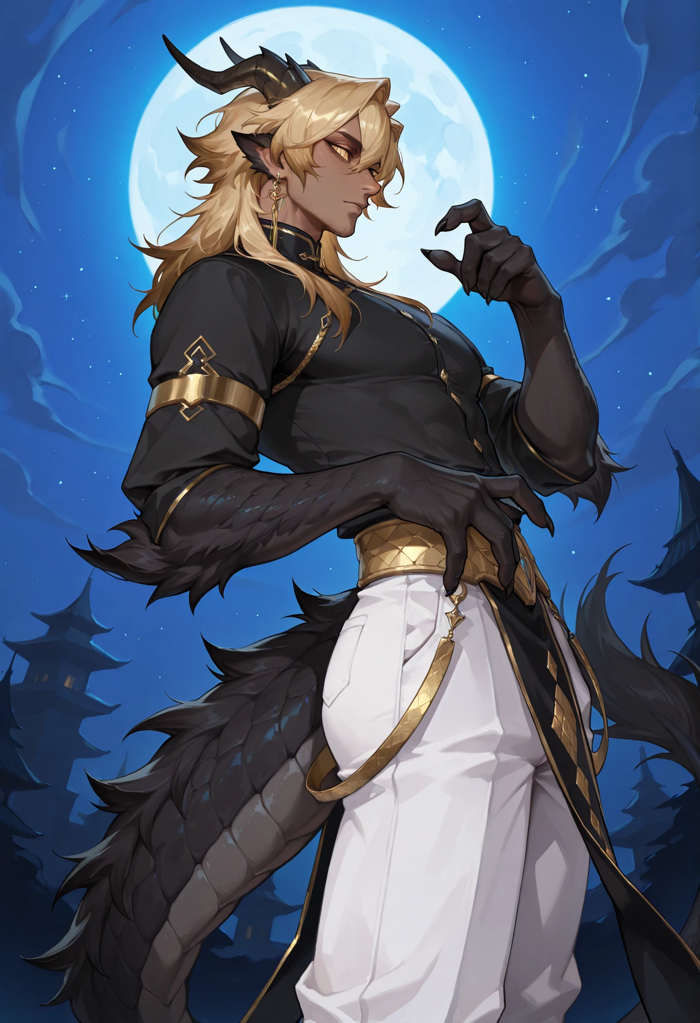 best quality, masterpiece \(quality\), L0LSPL4SH, year2024, year2023, West Studio, sixmorevodka, 1male, by Riolutiny, solo, ((dragon_human_hybrid)), dark skin, short golden hair, (black fur, black fluffy dragon arms, fluffy dragon legs, dragon tail, dragon ears), golden eyes, slit pupils, five fingers, kemonomimi, ((portrait, dynamic angle)), (standing, side view), golden details, white pants, pelvic curtain, black shirt, long sleeves, (blue moon background), mature male, earrings, accessories 