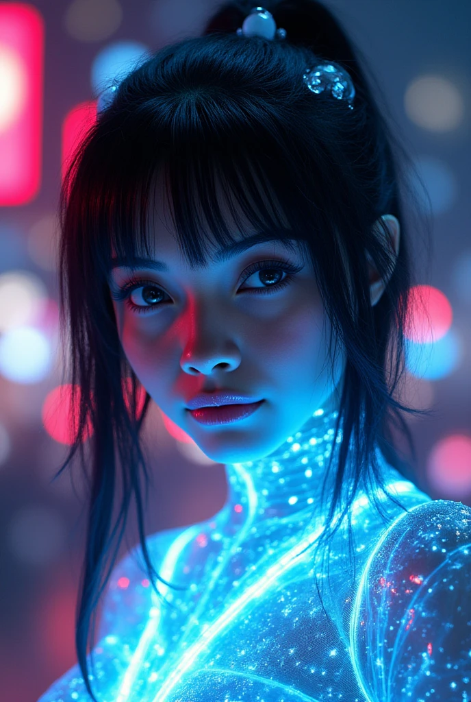 (((On a rainy night with a downpour:2.0))),(((HR Gigger style cyberpunk atmosphere:2.0))),(((Hold a cyberpunk-style Japanese sword:2.0))),(( points swords at viewers:2.0)),standing,((full body:2.0)),one woman,(cute face:2.0),(Beautiful well-balanced face :2.0),(black hair:1.5),(Beautiful Eyes:1.3),glamorous shot of an 18-year-old Japanese woman,Beautiful slender body,((model body type:2.0)),((slim body:1.7)),Perfect Body Line,ideal proportions,((:2.0)),((スリーサイズ90-55-87:2.0)),((G-cup :1.5)),((No :2.0)),, thighs,Sensual Thighs,delicate body,(muscular:1.7),harmonious posture,((Realistic  depiction :1.7)),wear a white costume that carefully depicts limbs based on perfect ,Hold 2 cyberpunk-style submachine guns that light up with colorful LEDs,(((translucent skin made of blue glass:2.0))),((made of clear glass with blue from the neck down:2.0)),((((Clear skeleton shining with LED:2.0)))),((Tactical Holster:2.0)),((((Glass body:2.0)))),concept art,(top quality:1.5),(masterpiece:1.5),(超高resolution),resolution,UHD,(delicate depiction), carefully drawn with butterfly wings ,32k,((realistic skin texture:1.5)),(((super realistic:1.5))),carefully draw eyelashes,highly detailed face,Highly detailed female hand,  appearance ,Extremely Sensual,(Blurry Dim Backgrounds :1.5),Professional Photography,(dynamic angle),(movie lights:2.0),((Blade Runner style lighting:2.0))