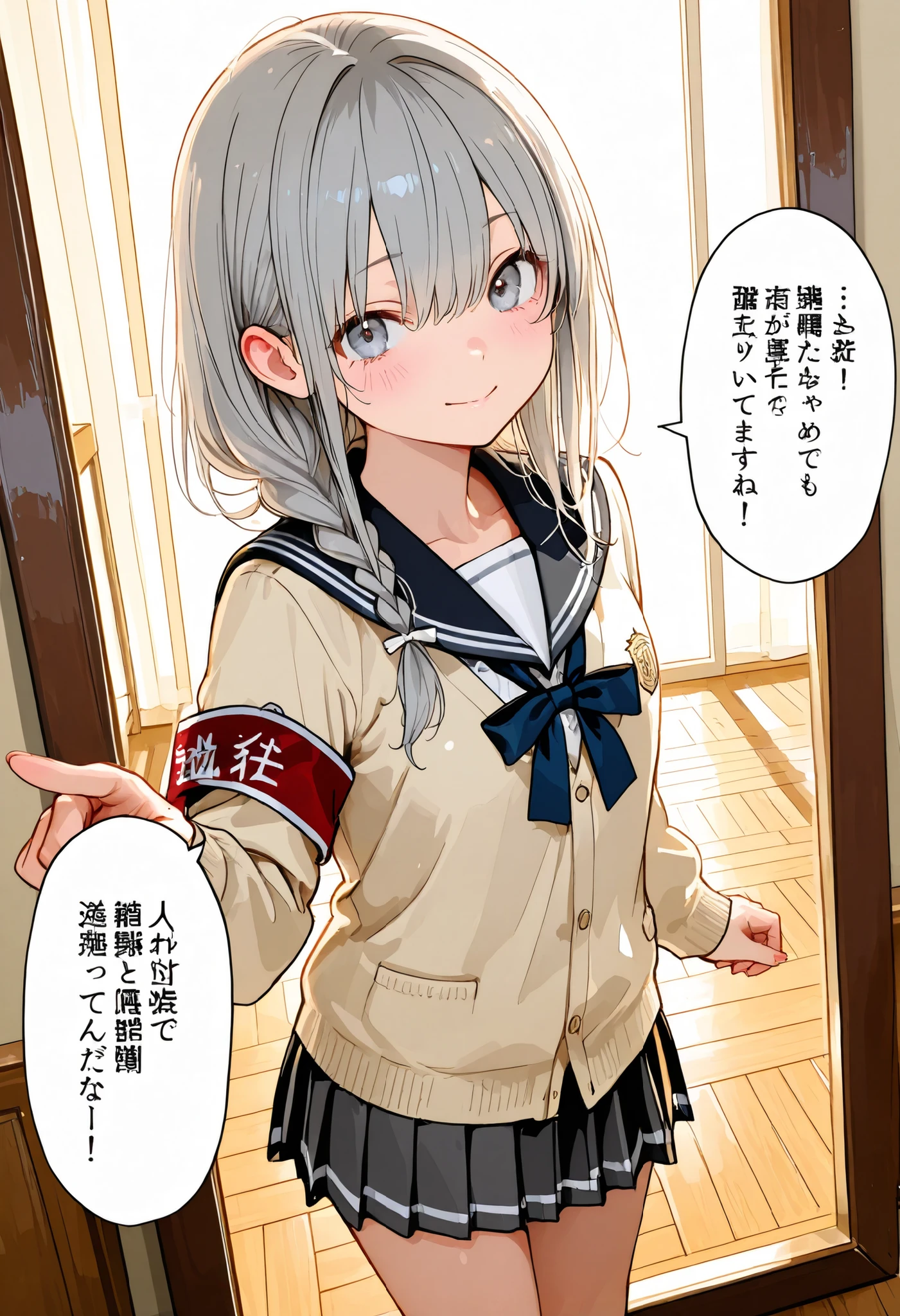 Girl undergoing high-pressure training,((Nio-Ryu)),(((Disciplinary Committee Chairman's Armband))),cowboy shot,Approximately 150 cm,charismatic presence,Young face,high school, 周囲を高身長男子high school生が取り囲む,Pointing and Instructions,4K High Resolution,High Dynamic Range,getting her hands in an anatomically correct shape,Extremely realistic digital illustration,shortcuts,disheveled hair,short braided hair,neat,Slender Beauty,Correct Attitude,small tits,beautiful legs,Her enchanting gray-blue eyes shine like stars,Saggy Eyes,Brilliant Colors,beautiful eyes,A delicate smile,textured skin on a mirror placed on the floor,Best Quality,gentle and beautiful woman,anime style、Details of making her legs anatomically correct,Deep color ,Dramatic Lighting,Precise Textures,Girl undergoing high-pressure training, Disciplinary Committee Chairman's Armband, Approximately 150 cm, charismatic presence, pointing to students, 4K Realistic Illustration, Extremely Detailed, professional, Brilliant Colors, Delicate Light and Shadow, Central Person on the Disciplinary Committee, Strictly Instructs Students, Coercive action, Small but Strong Presence, Trying to solve school problems You