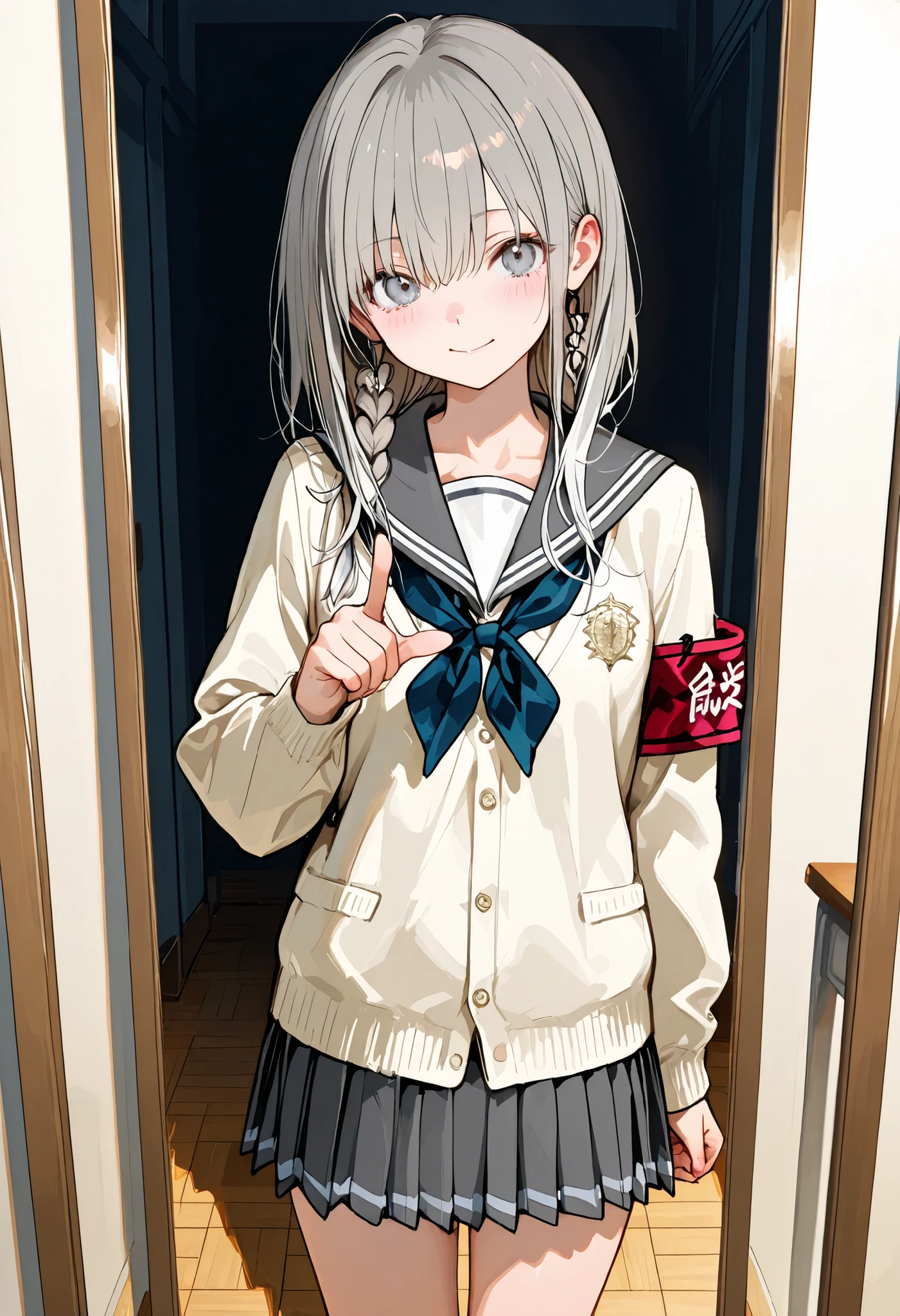 Girl undergoing high-pressure training,((Nio-Ryu)),(((Disciplinary Committee Chairman's Armband))),cowboy shot,Approximately 150 cm,charismatic presence,Young face,high school, 周囲を高身長男子high school生が取り囲む,Pointing and Instructions,4K High Resolution,High Dynamic Range,getting her hands in an anatomically correct shape,Extremely realistic digital illustration,shortcuts,disheveled hair,short braided hair,neat,Slender Beauty,Correct Attitude,small tits,beautiful legs,Her enchanting gray-blue eyes shine like stars,Saggy Eyes,Brilliant Colors,beautiful eyes,A delicate smile,textured skin on a mirror placed on the floor,Best Quality,gentle and beautiful woman,anime style、Details of making her legs anatomically correct,Deep color ,Dramatic Lighting,Precise Textures,Girl undergoing high-pressure training, Disciplinary Committee Chairman's Armband, Approximately 150 cm, charismatic presence, pointing to students, 4K Realistic Illustration, Extremely Detailed, professional, Brilliant Colors, Delicate Light and Shadow, Central Person on the Disciplinary Committee, Strictly Instructs Students, Coercive action, Small but Strong Presence, Trying to solve school problems You