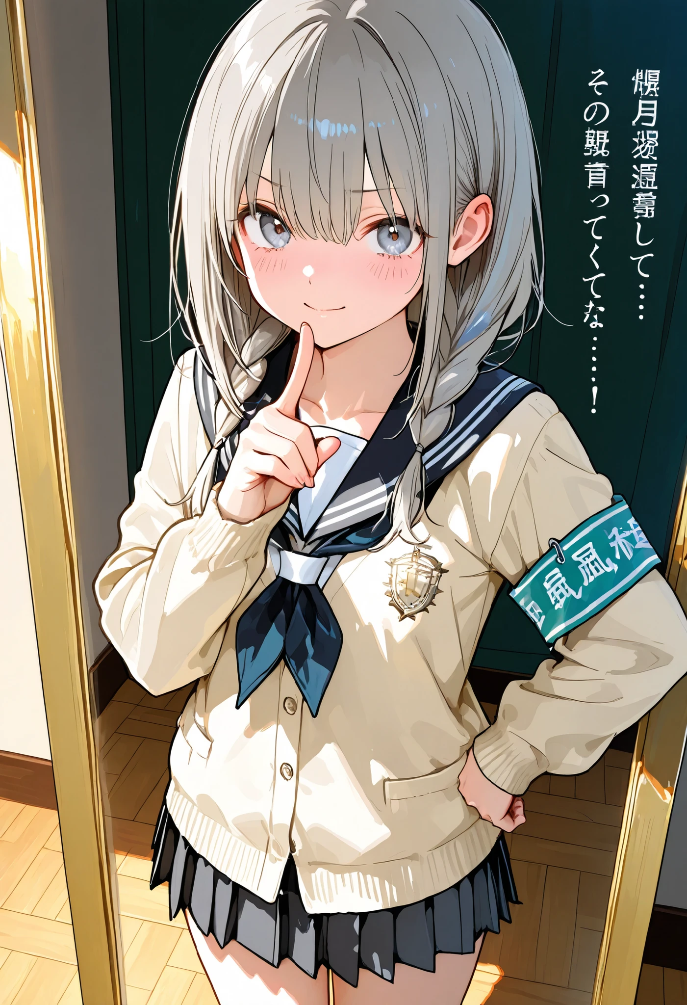 Girl undergoing high-pressure training,((Nio-Ryu)),(((Disciplinary Committee Chairman's Armband))),cowboy shot,Approximately 150 cm,charismatic presence,Young face,high school, 周囲を高身長男子high school生が取り囲む,Pointing and Instructions,4K High Resolution,High Dynamic Range,getting her hands in an anatomically correct shape,Extremely realistic digital illustration,shortcuts,disheveled hair,short braided hair,neat,Slender Beauty,Correct Attitude,small tits,beautiful legs,Her enchanting gray-blue eyes shine like stars,Saggy Eyes,Brilliant Colors,beautiful eyes,A delicate smile,textured skin on a mirror placed on the floor,Best Quality,gentle and beautiful woman,anime style、Details of making her legs anatomically correct,Deep color ,Dramatic Lighting,Precise Textures,Girl undergoing high-pressure training, Disciplinary Committee Chairman's Armband, Approximately 150 cm, charismatic presence, pointing to students, 4K Realistic Illustration, Extremely Detailed, professional, Brilliant Colors, Delicate Light and Shadow, Central Person on the Disciplinary Committee, Strictly Instructs Students, Coercive action, Small but Strong Presence, Trying to solve school problems You