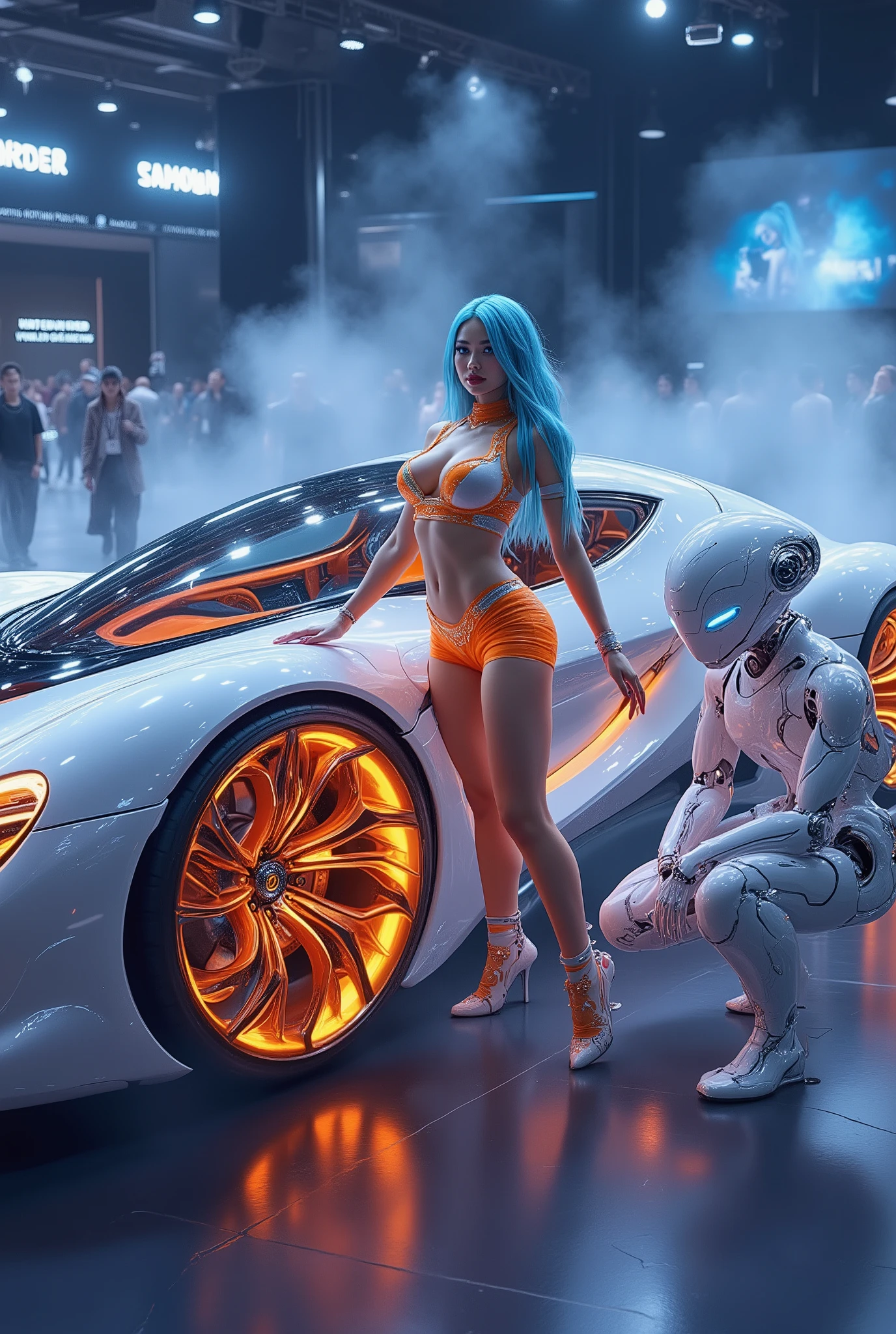 "Auto Show Day" ,near future,hyperrealism,highest detail,dance pose,juicy bright colors: Center of frame  ,incredibly beautiful stand attendant(the incredible figure,is charming,Short skirt,latex future apparel,bright hair,hair bright makeup) poses for the incredible car of the future, on incredible wheels,with orange cabin cap, future sports design,biodesign,movie style throne, This car is standing on a futuristic catwalk levitating in the air 30 cm above the floor, incredible lighting,future auto show, presentation of an incredible vehicle of the future, background light smoke and fog and lighting effects and laser show,hyperdetail,dance pose на девушку,her face and the car of the future behind her.full-length girl,erotic, attractive ,poses for the car of the future, dance pose,focus on her face and blue eyes