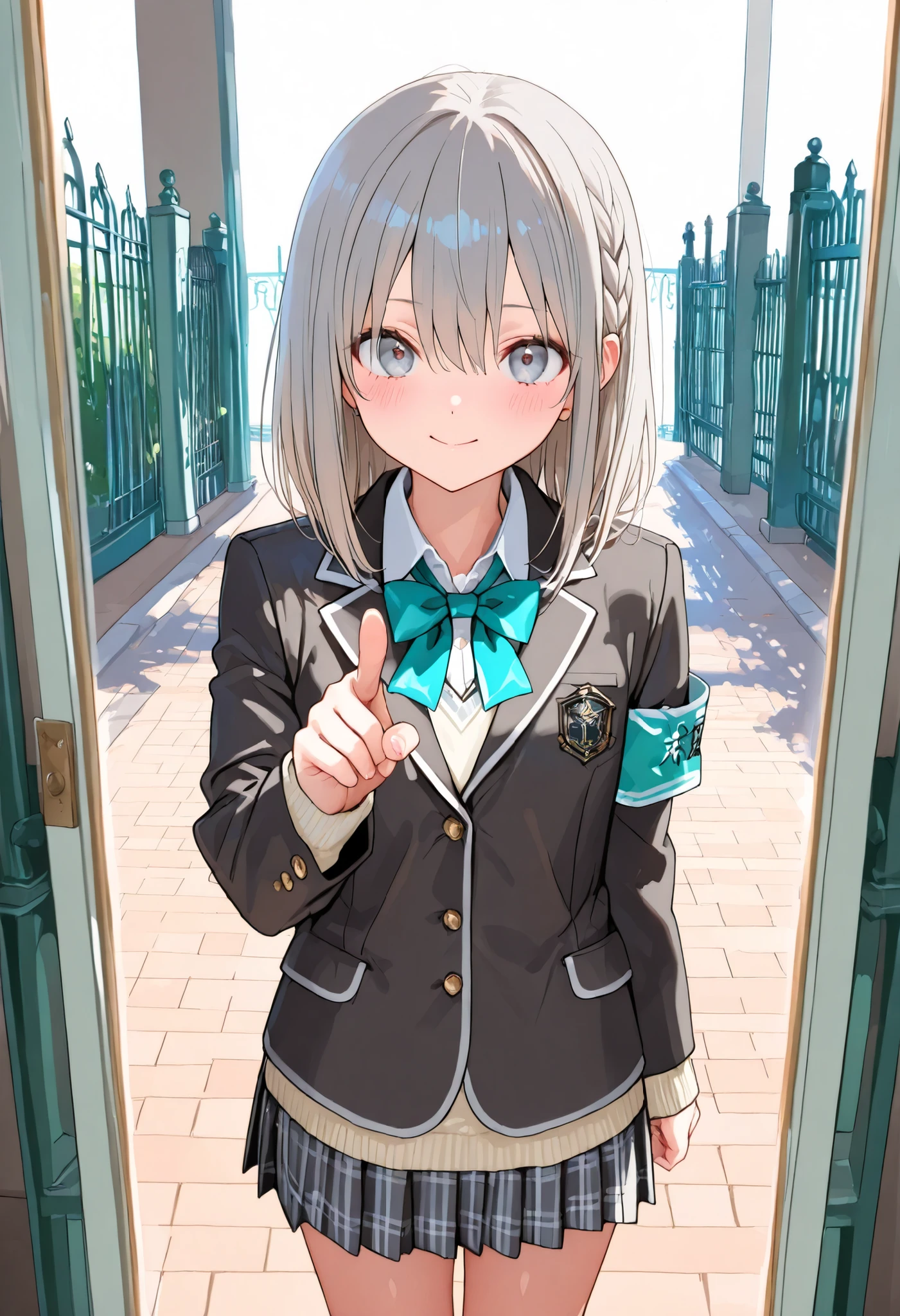 (((High school front gate))),High Pressure Girl,((Nio-Ryu)),(((Chairman of the Discipline Committee's armband))),cowboy shot,Approximately 150 cm,charismatic presence,Young face,high school, Surrounded by male students,Pointing and Instructions,4K High Resolution,High Dynamic Range,getting her hands in an anatomically correct shape,Extremely realistic digital illustration,shortcuts,disheveled hair,short braided hair,neat,Slender Beauty,Correct Attitude,small tits,beautiful legs,Her enchanting gray-blue eyes shine like stars,Saggy Eyes,Brilliant Colors,beautiful eyes,A delicate smile,textured skin on a mirror placed on the floor,Best Quality,gentle and beautiful woman,anime style、Details of making her legs anatomically correct,Deep color ,Dramatic Lighting,Precise Textures,Girl undergoing high-pressure training, Disciplinary Committee Chairman's Armband, Approximately 150 cm, charismatic presence, pointing to students, 4K Realistic Illustration, Extremely Detailed, professional, Brilliant Colors, Delicate Light and Shadow, Central Person on the Disciplinary Committee, Strictly Instructs Students, Coercive action, Small but Strong Presence, Trying to solve school problems You