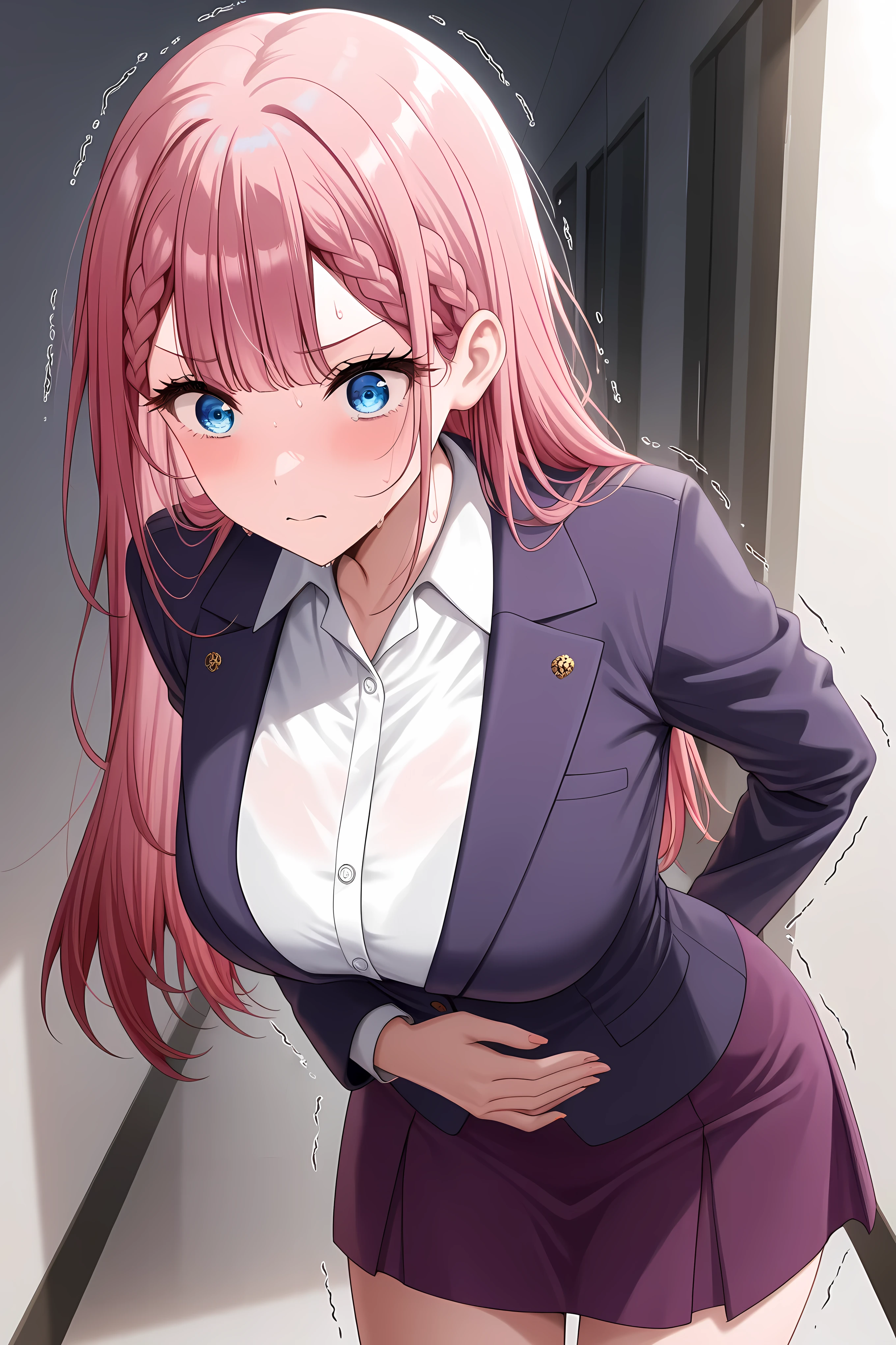 <lora:mafuyu-kirisu-s2-ponyxl-lora-nochekaiser:1>, mafuyu kirisu, blue eyes, braid, long hair,  pink hair, large breasts,,long sleeves, purple skirt, shirt, skirt, suit jacket, white shirt, blazer,,solo, general, masterpiece, highres, ultra-detailed, hyper-detailed, best quality,  amazing quality, very aesthetic, best hands, best eyes, best hand
adult woman, 1woman, hand on own stomach, sweat,  leaning forward, nervous, scared, trembling legs,

stomach hallway